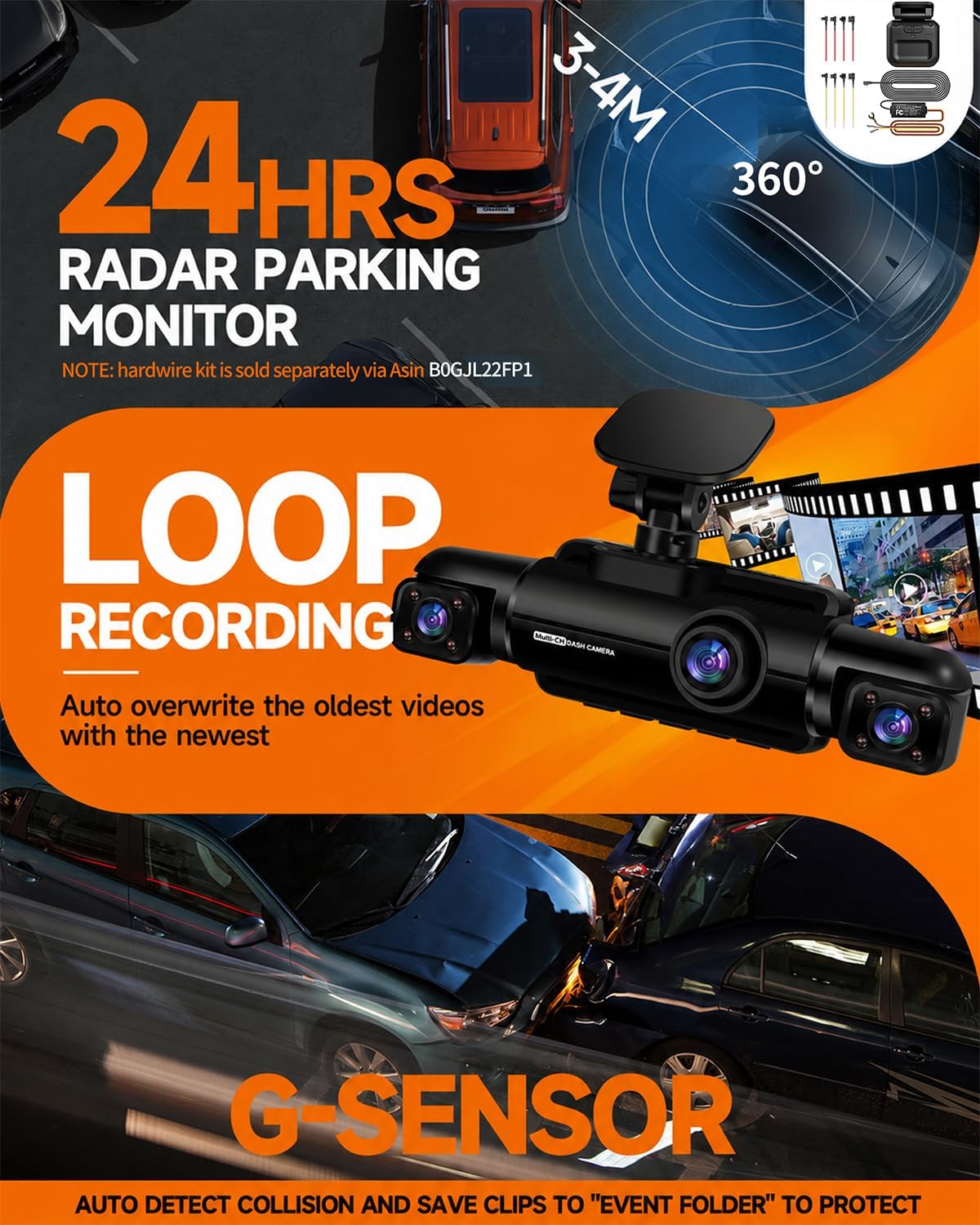 Neideso 360° Dash Cam Front and Rear Inside, 4 Channel Dash Camera for Car