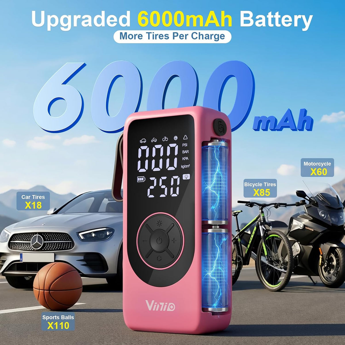 Vinid Tire Inflator Portable Air Compressor, 6000mAh Battery with Cigarette Lighter Adapter, 90W Fast Inflation, 6 Modes, Digital Display, Storage Bag & Handle, for Car Tires, Bike, Motorcycle, Ball