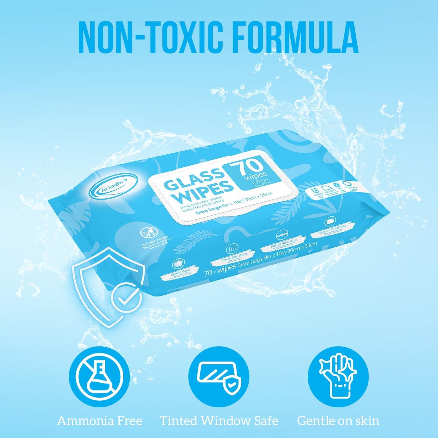 Air Jungles Glass &amp; Window Cleaner Wipes 70 Count, XL 8x10 Inch | Ammonia-Free, Streak-Free, Safe For Car Windshield, Headlight, Mirror, Tile &amp; Home Glass, Removes Fingerprints, Dust, Dirt
