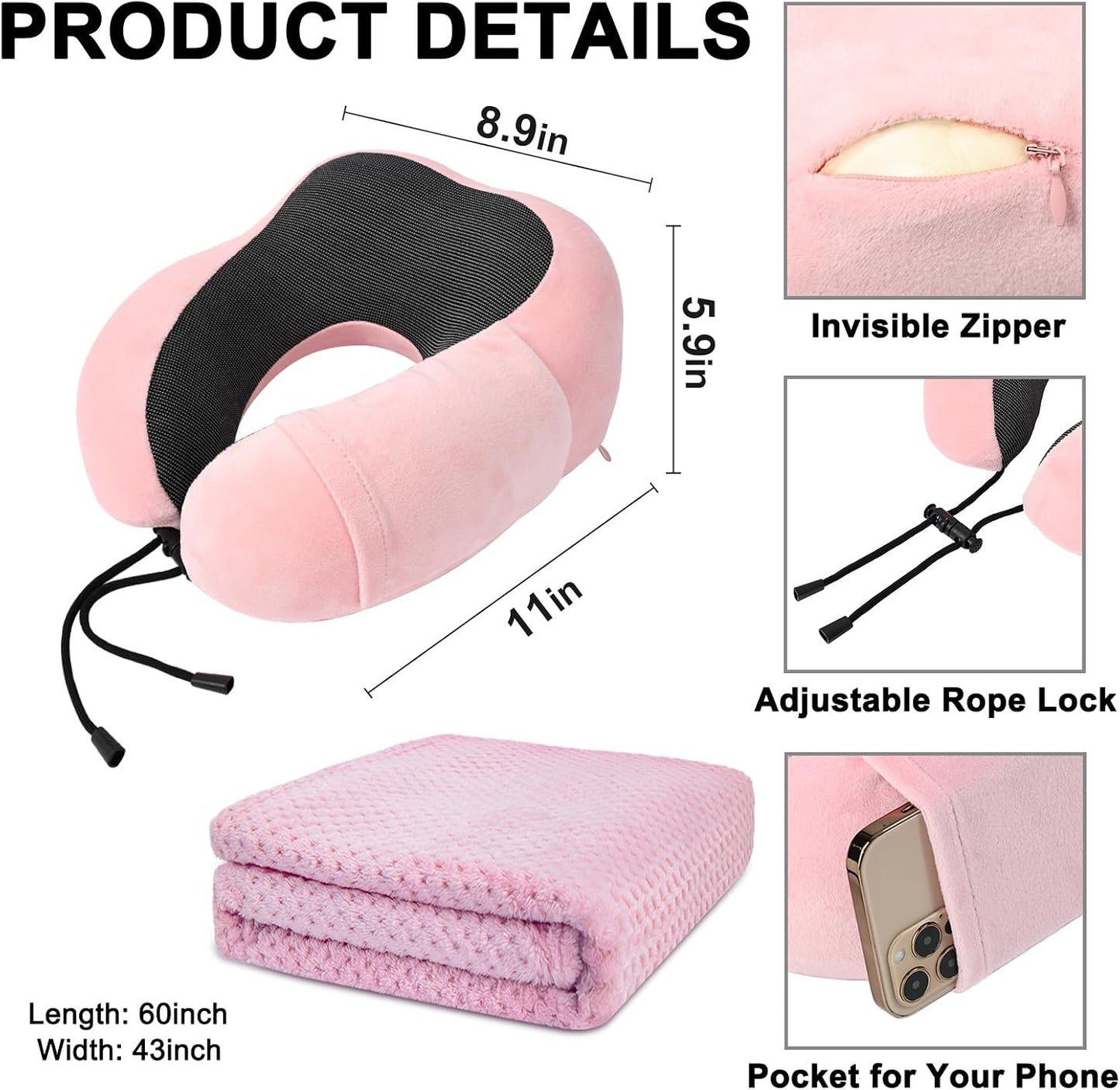 urnexttour Travel Pillow and Blanket Set Neck Pillows Soft Blankets with Sleep Mask Travel Essentials for Airplane Car Memory Foam Pink