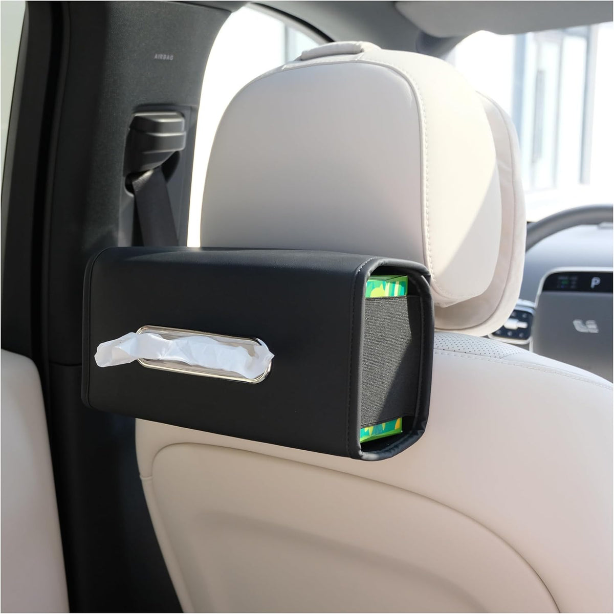 Car Tissue Holder, Ompellus Premium PU Leather Tissue Box Holder for Car Seat Back, Extra Large Tissue Box Cover Rectangle Fits for Regular Size Tissues (Beige)