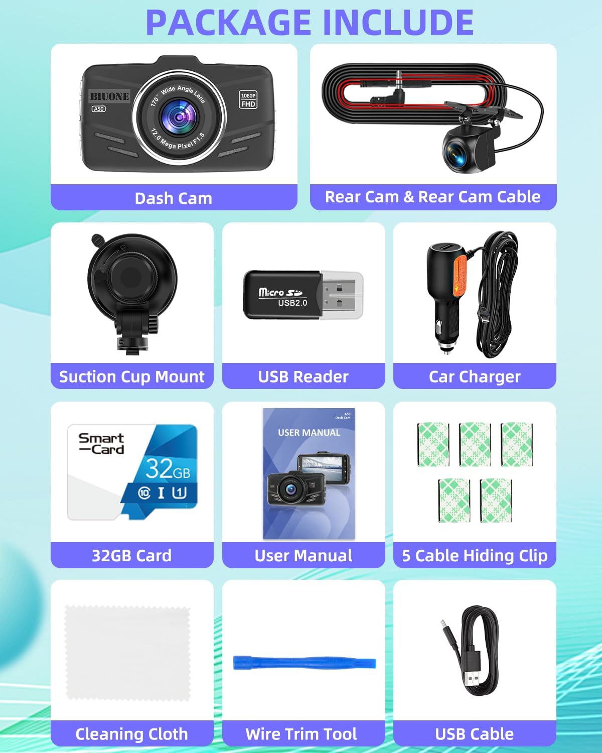 Dash Cam Front and Rear, 1080P Car Camera W/ 32GB Card