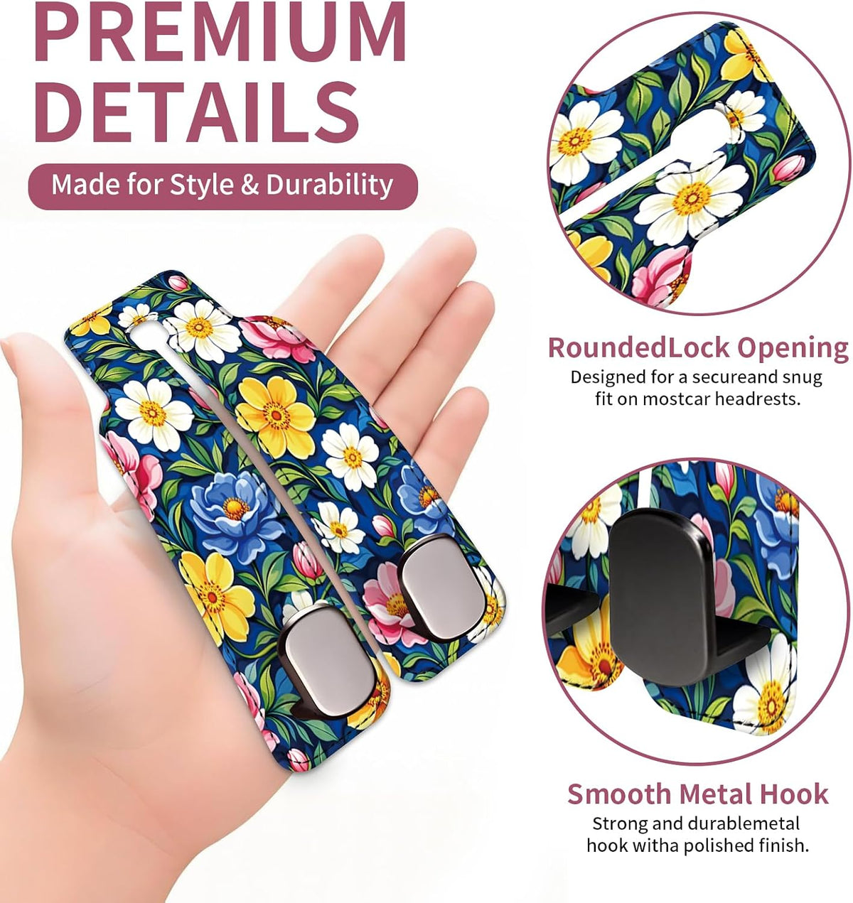 Car Seat Back Storage Hook, Funny Car Purse Hook, Cute Vehicle Storage Organizer for Purses Handbags Bright Floral Pattern