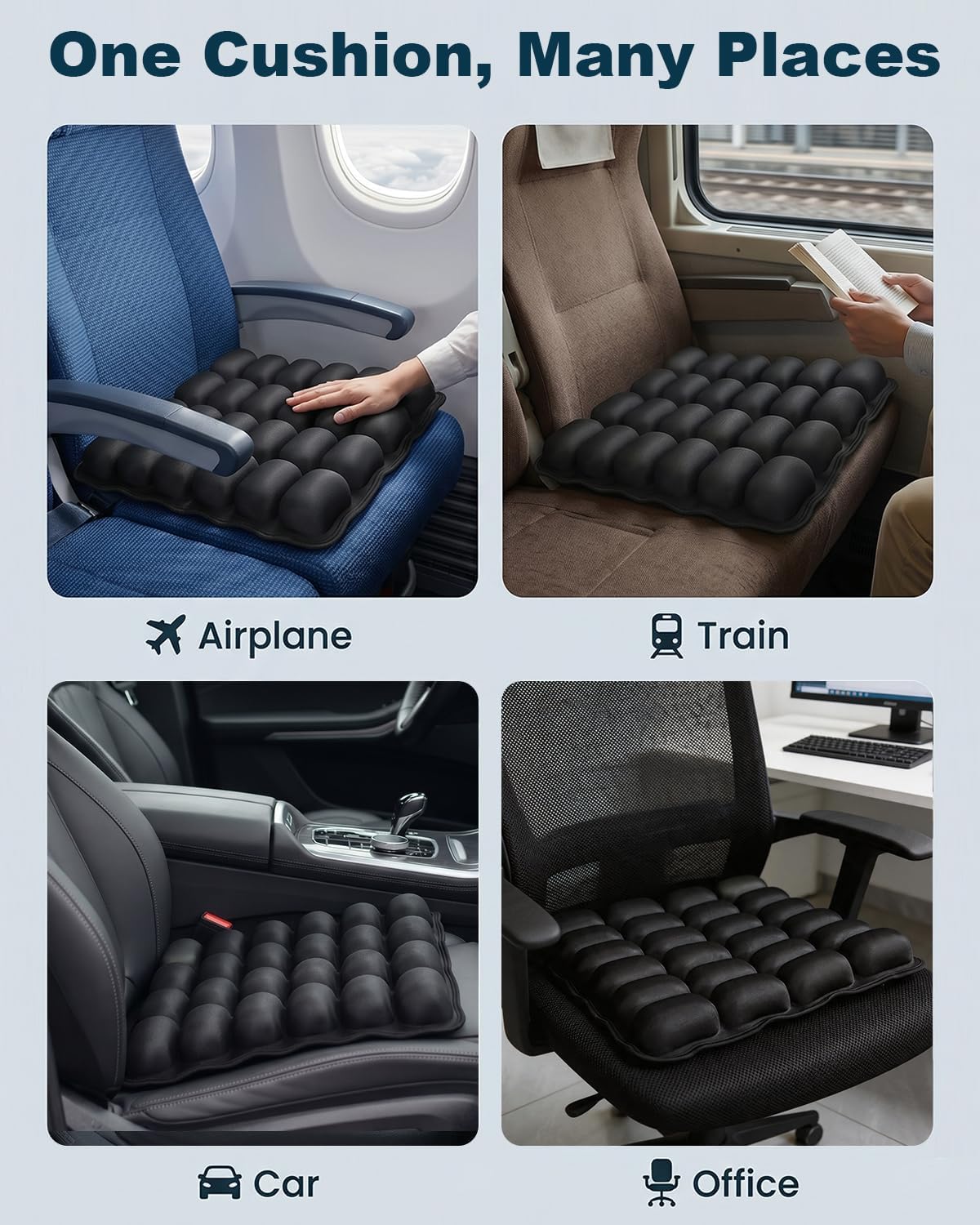 Inflatable Airplane Seat Cushion for Long Flights, 24-Cell Travel Cushion with Adjustable Firmness, Portable Waterproof Pressure Relief Seat Pad for Car, Train, Office, 16.9 x 16.9 in