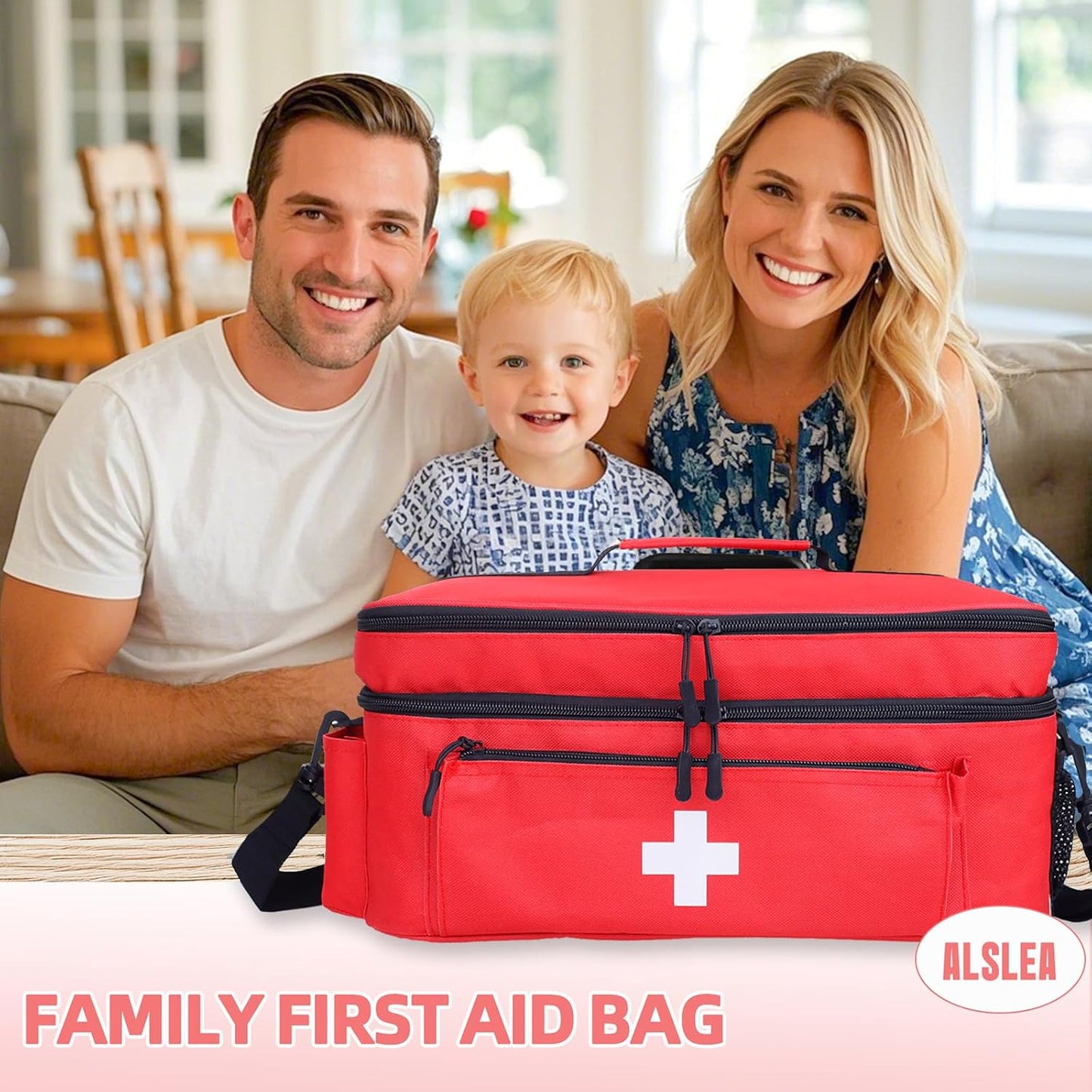 ALSLEA First Aid Bag Empty Large 2 Layer Medical Bag with Shoulder Strap 16”x 9½” x 7” Medicine Organizer Box Travel First Aid kit Emergency Supplies Storage Bag for Car, Home, Office, Outdoor (Red)