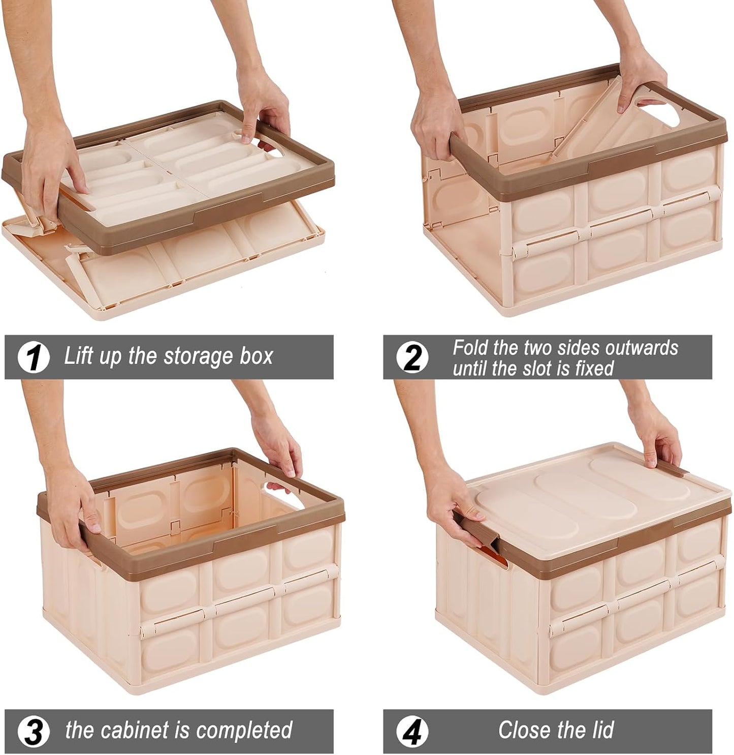 Phyllia Foldable Storage Boxes with Lids, 3-Pack Collapsible Plastic Storage Bins Organizer Containers Baskets Cub with Cover,Stackable Utility Crates Storage Box (Brown, 30L)