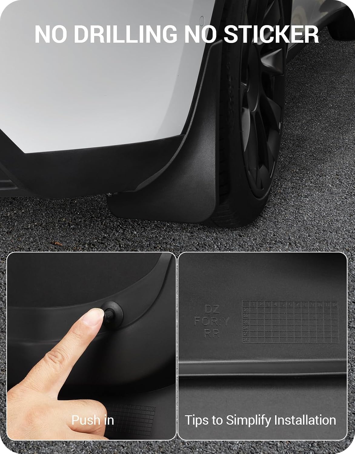 BASENOR 2024-2020 Tesla Model Y Mud Flaps Splash Guards Vehicle Sediment Protection No Drilling No Tape Mudflaps Tire Protector Mudflaps All Weather Tesla Exterior Accessories (Set of 4)