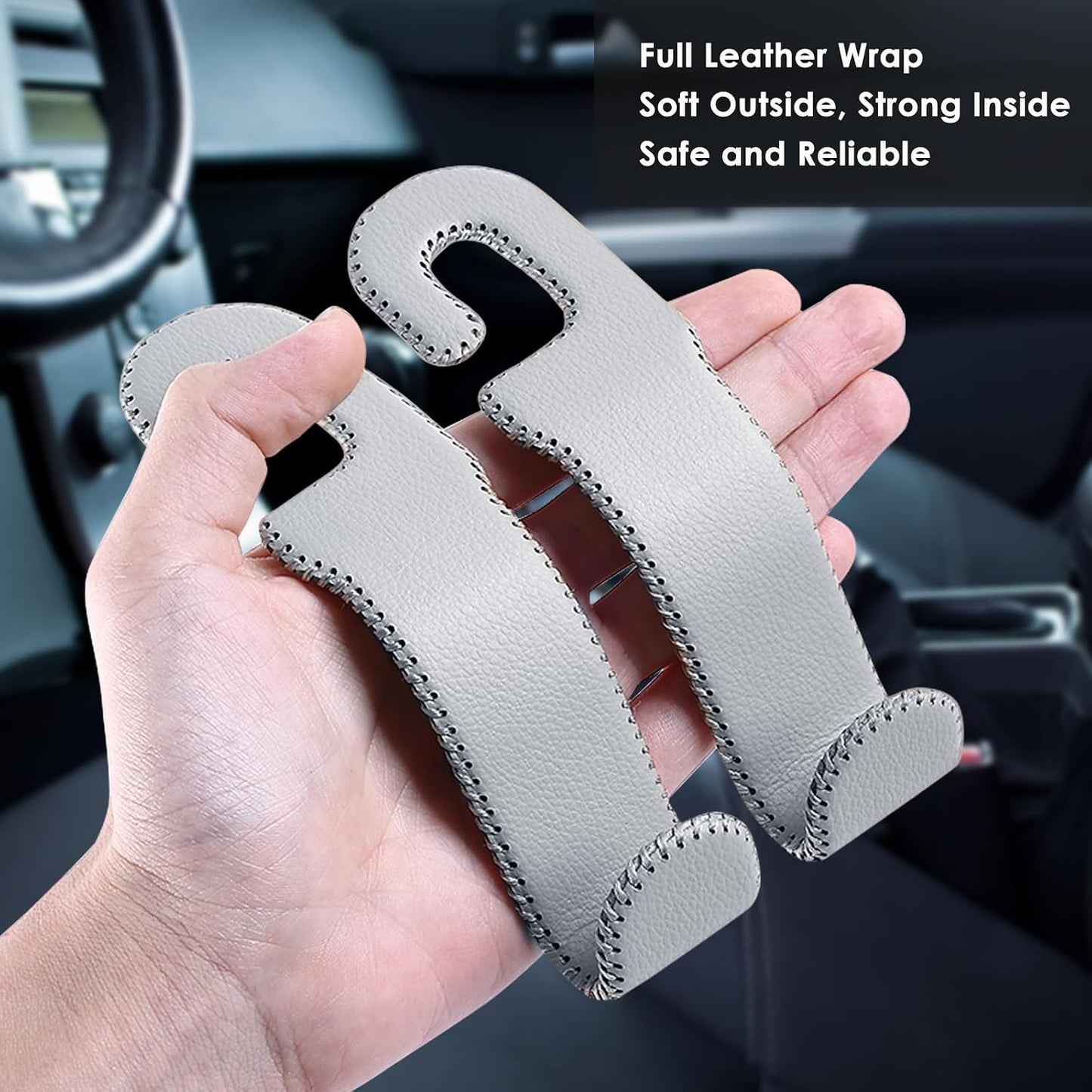 AMVOYOA Leather Car Seat Hooks - U-Shaped Purse Holder for Car, Fully Leather-Wrapped Headrest Hooks for Purses, Bags & Coats, Durable Seat Back Organizer for Travel & Daily Use (Gray, 2 Pack)