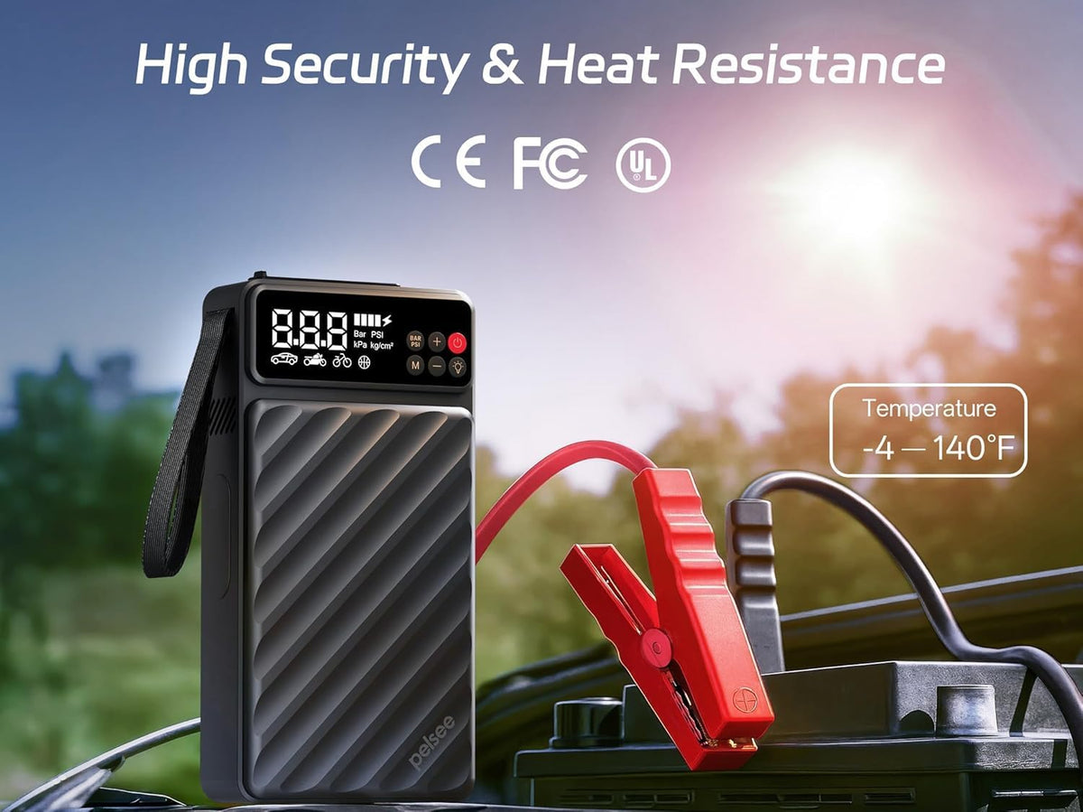 Pelsee 6000A Jump Starter with Air Compressor, Up to 10L Gas/8L Diesel Car Jump Box with 45W Fast Charge, Smart Tire Inflator & 800LM LED Light