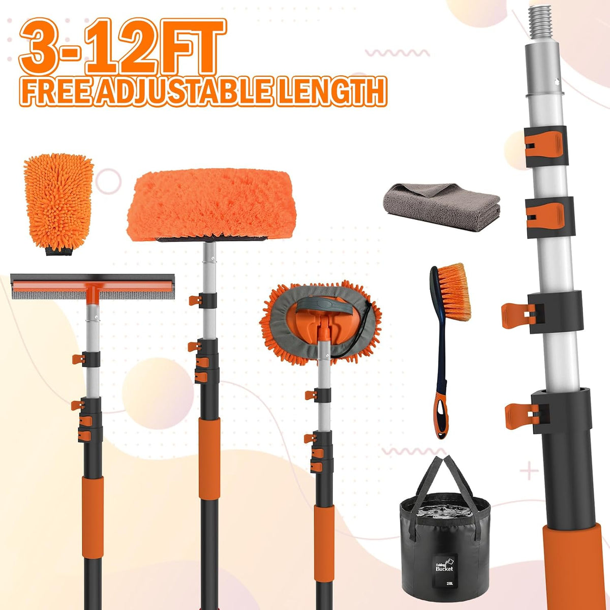 LAANPOLE 12FT Car Wash Brush with Long Handle, Car Cleaning Kit with Soft Bristle Wash Brush, Microfiber Cleaning Mop, Window Squeegee, Mitt, Wheel Brush, Bucket, Drying Towel for RV, Truck, Boat