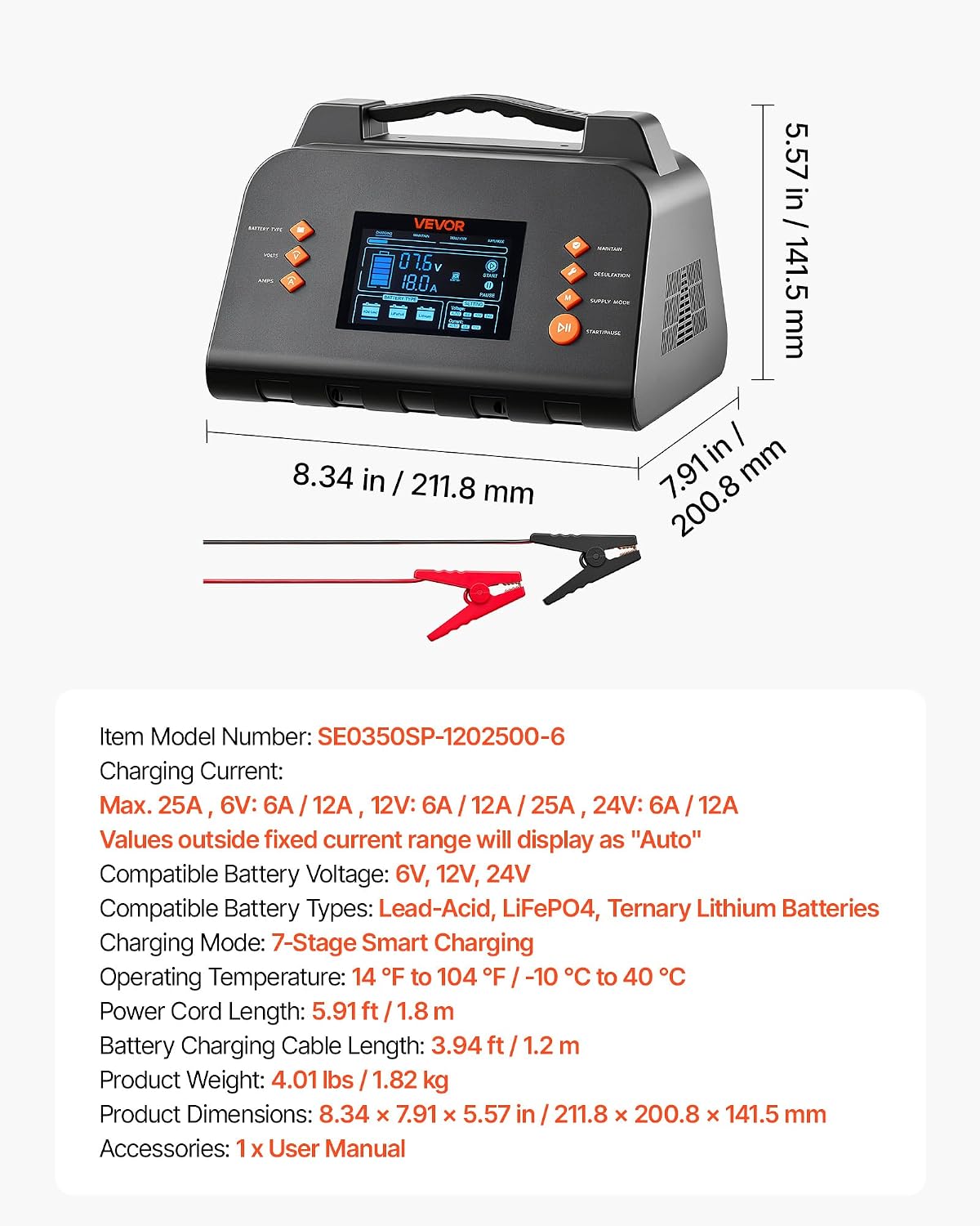 VEVOR Smart Battery Charger 25A 6V 12V 24V for Lithium LiFePO4 Lead-Acid