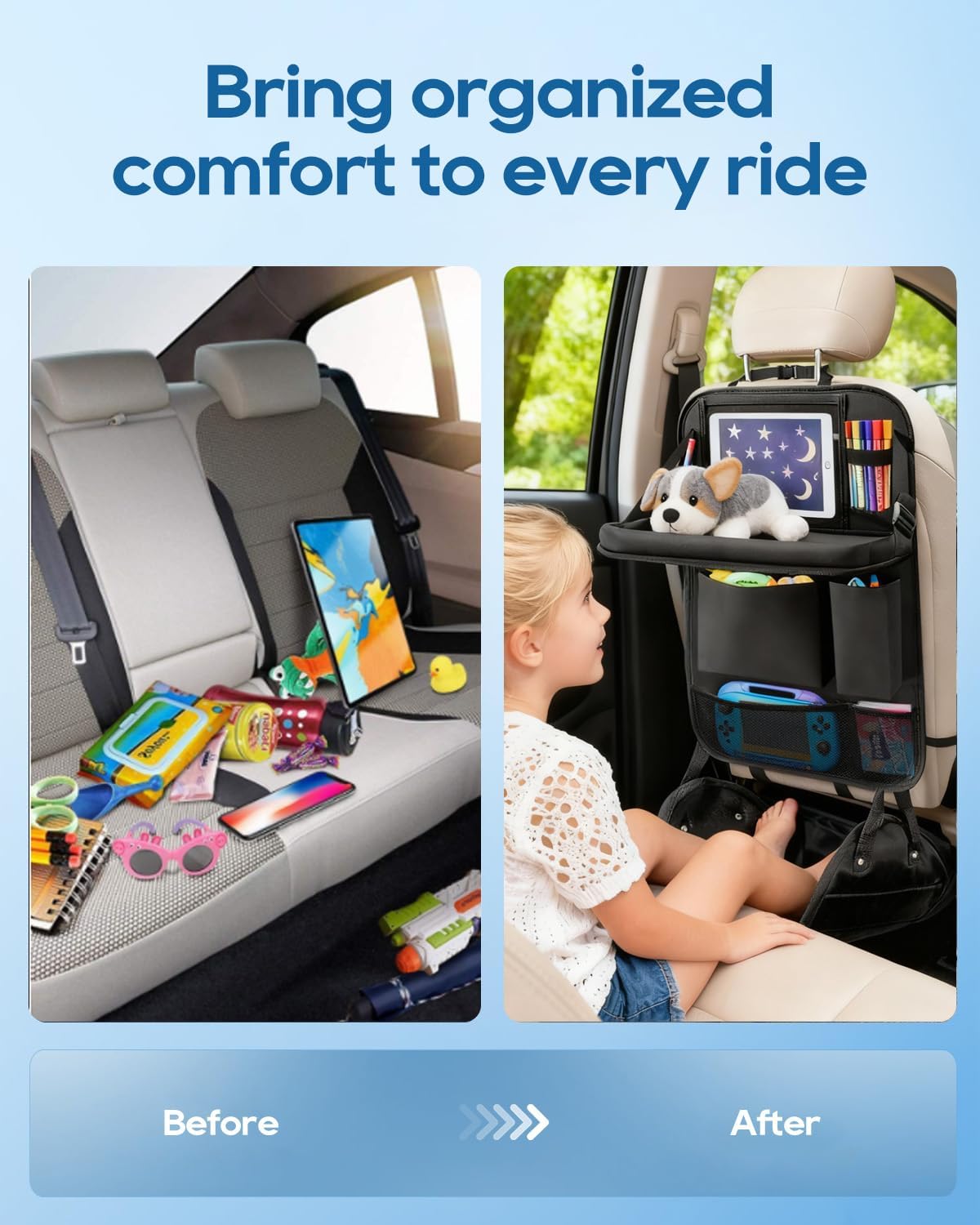 Backseat Car Organizer 4Pack with Table Tray Free Foot Hammock Car Seat Protector with Tablet Holder for Car, 7 Pockets Back Seat Organizer and Kick Mat for Kids Travel Accessories