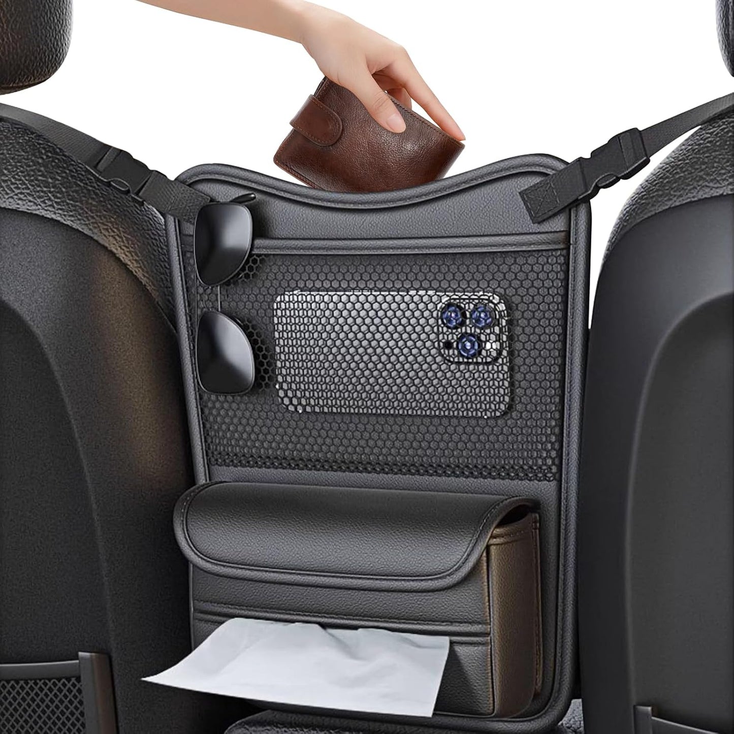 Car Storage Organizer Between Seats with Tissue Holder | Textured Leather Car Purse Holder Snack Holder | Auto Seat Back Handbag Organizer for Driving, Travel