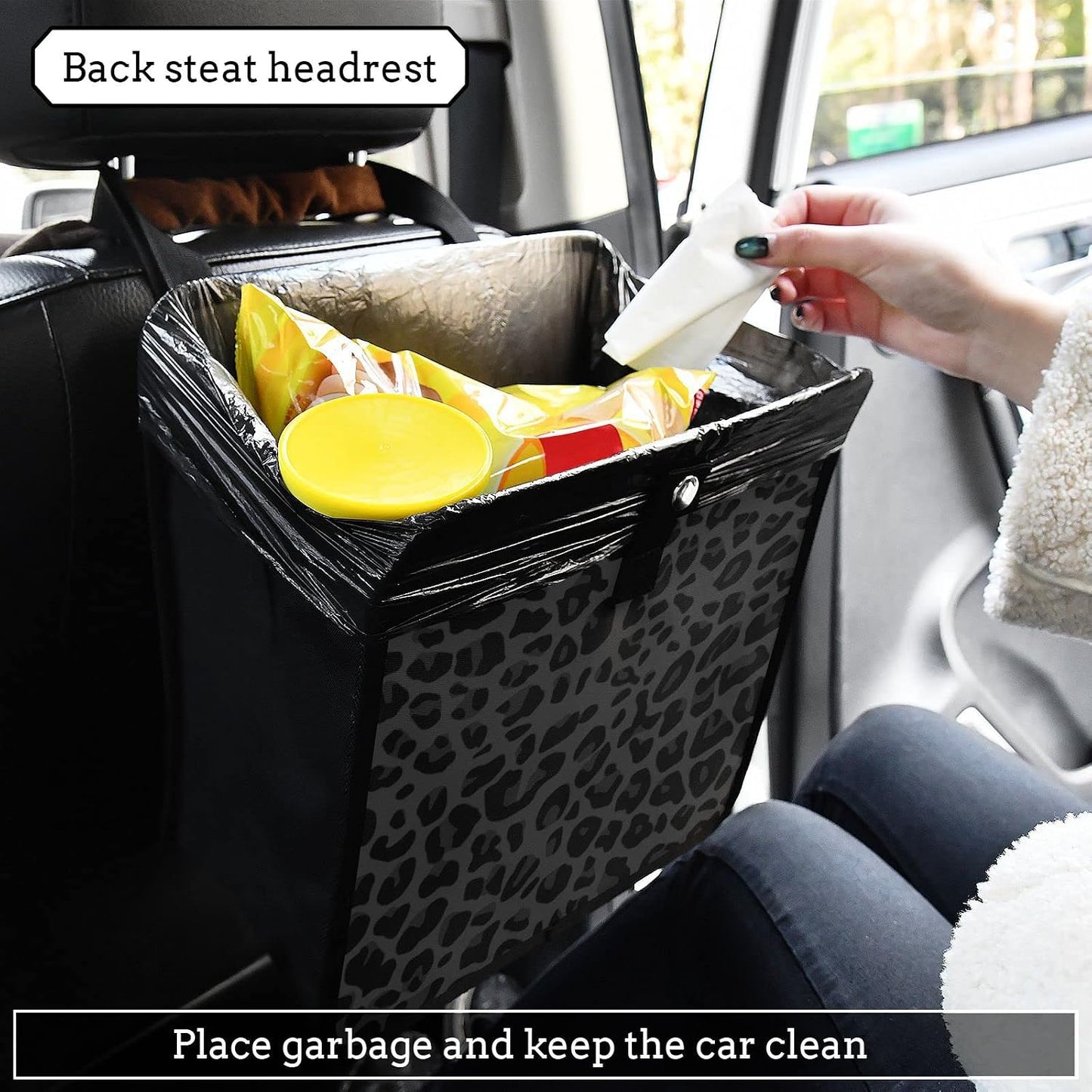 Black Leopard Car Trash Can, Foldable Hanging Car Trash Bag, Small Waterproof Car Accessories Garbage Bin Cheetah Print