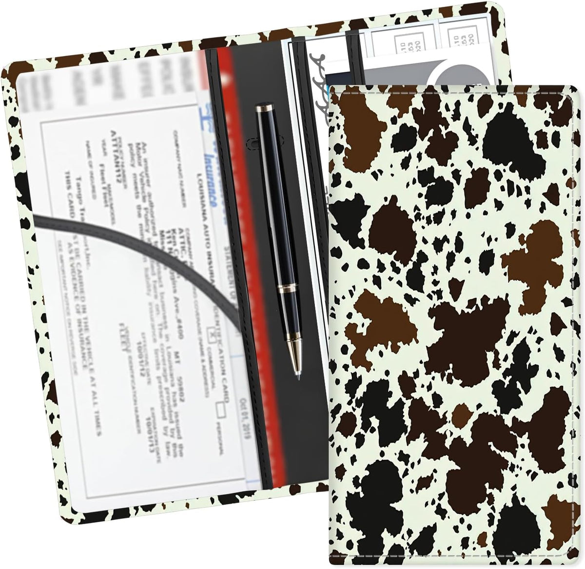 Leather Car Registration and Insurance Card Holder, Cute Car Accessories Vehicle Glove Box Car Organizer for Documents, Cards, License Black White Cowhide