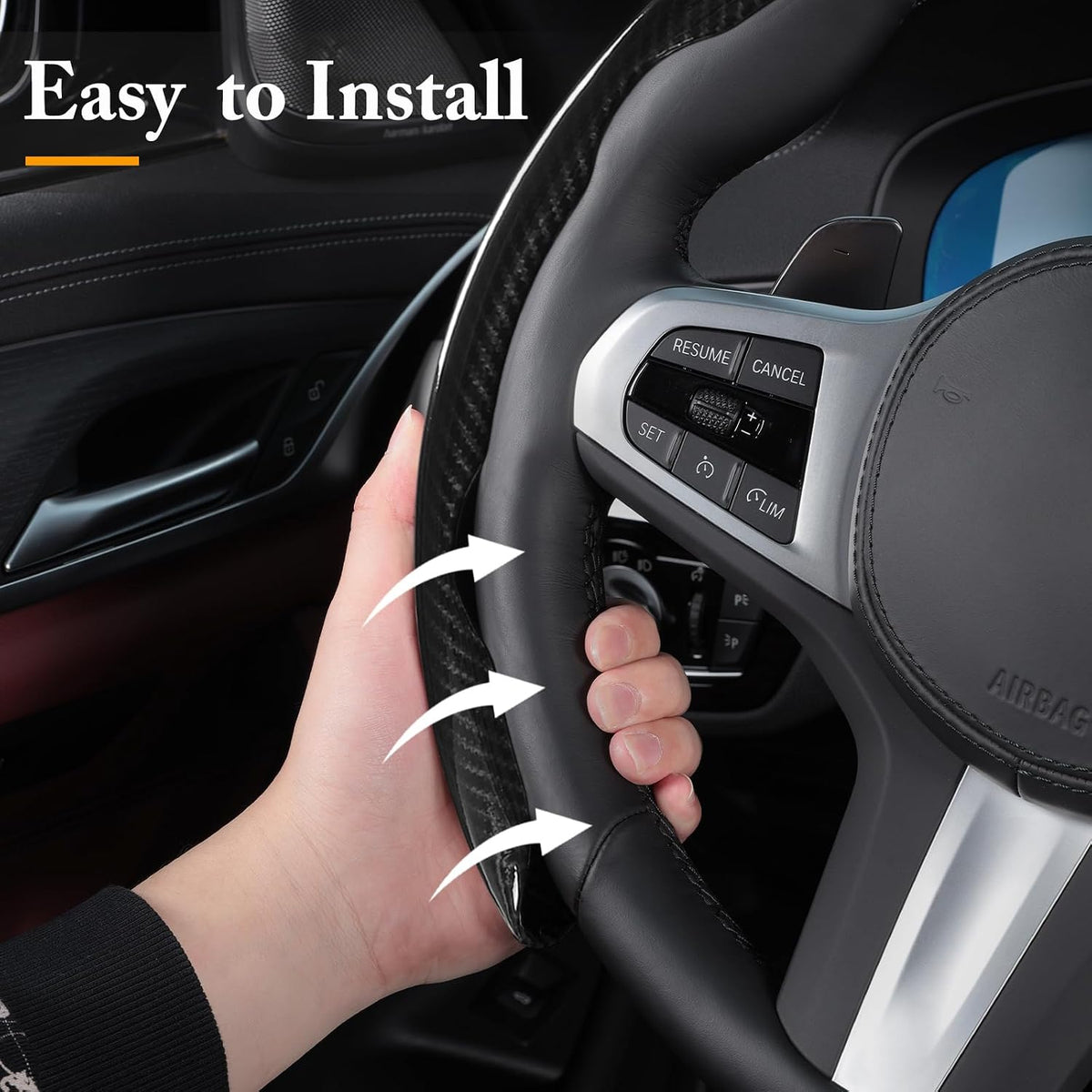 Carbon Fiber Steering Wheel Cover Universal 3pcs Protector Glossy Black