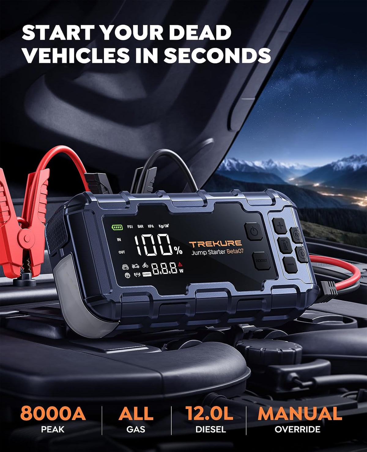 TREKURE 10-in-1 Car Battery Jump Starter Box with Jump Cables & Gloves for All Gas & 12L Diesel, 8000A Portable Battery Charger with Air Compressor, 160PSI, PD45W Charging