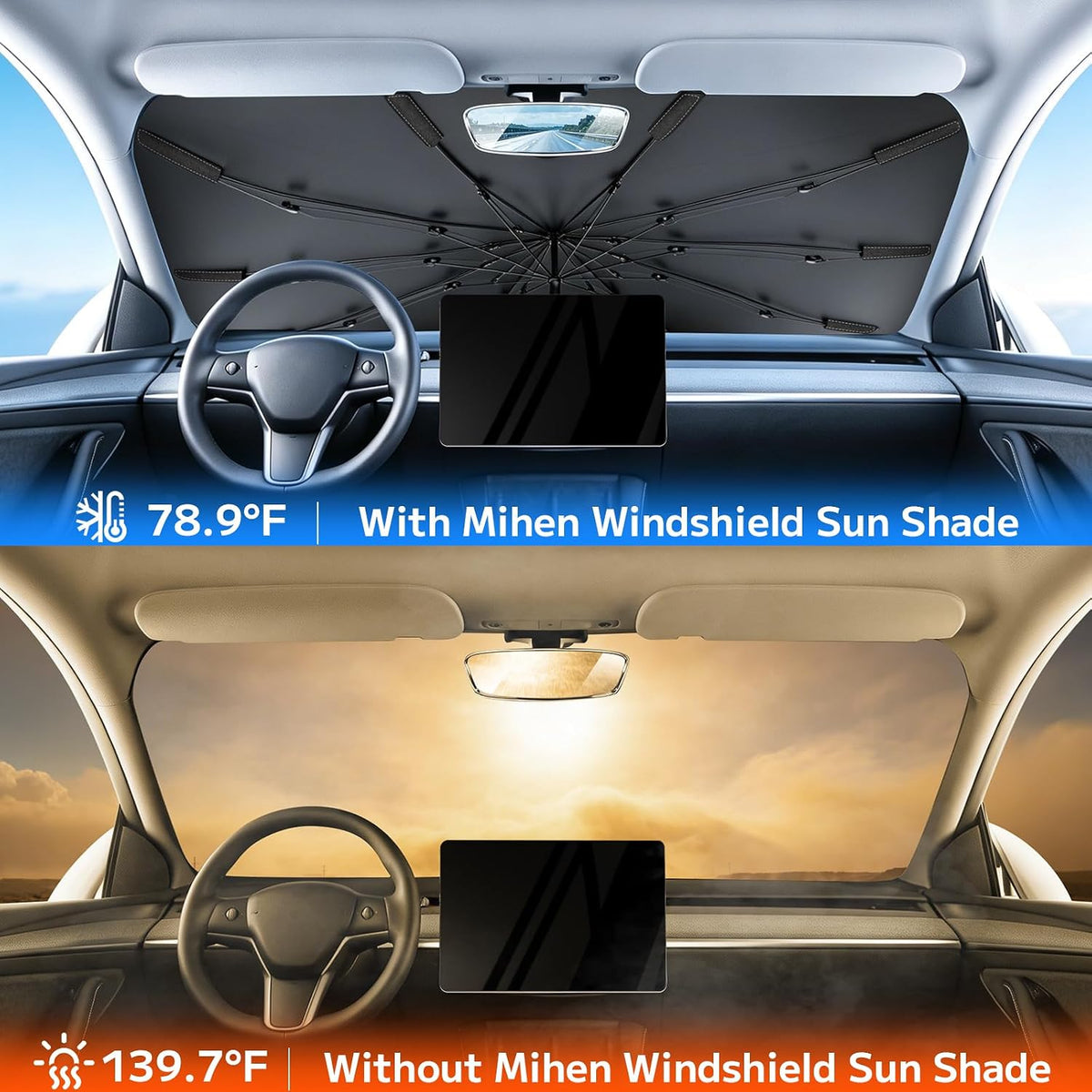 Mihen Windshield Sun Shade Umbrella for Car - Universal Size [100% Blocks Sunlight & Ice Cooling Feel] Foldable Front Window Car Sun Shade Heat Insulation, Protect Car Interior for Car, SUV, Truck