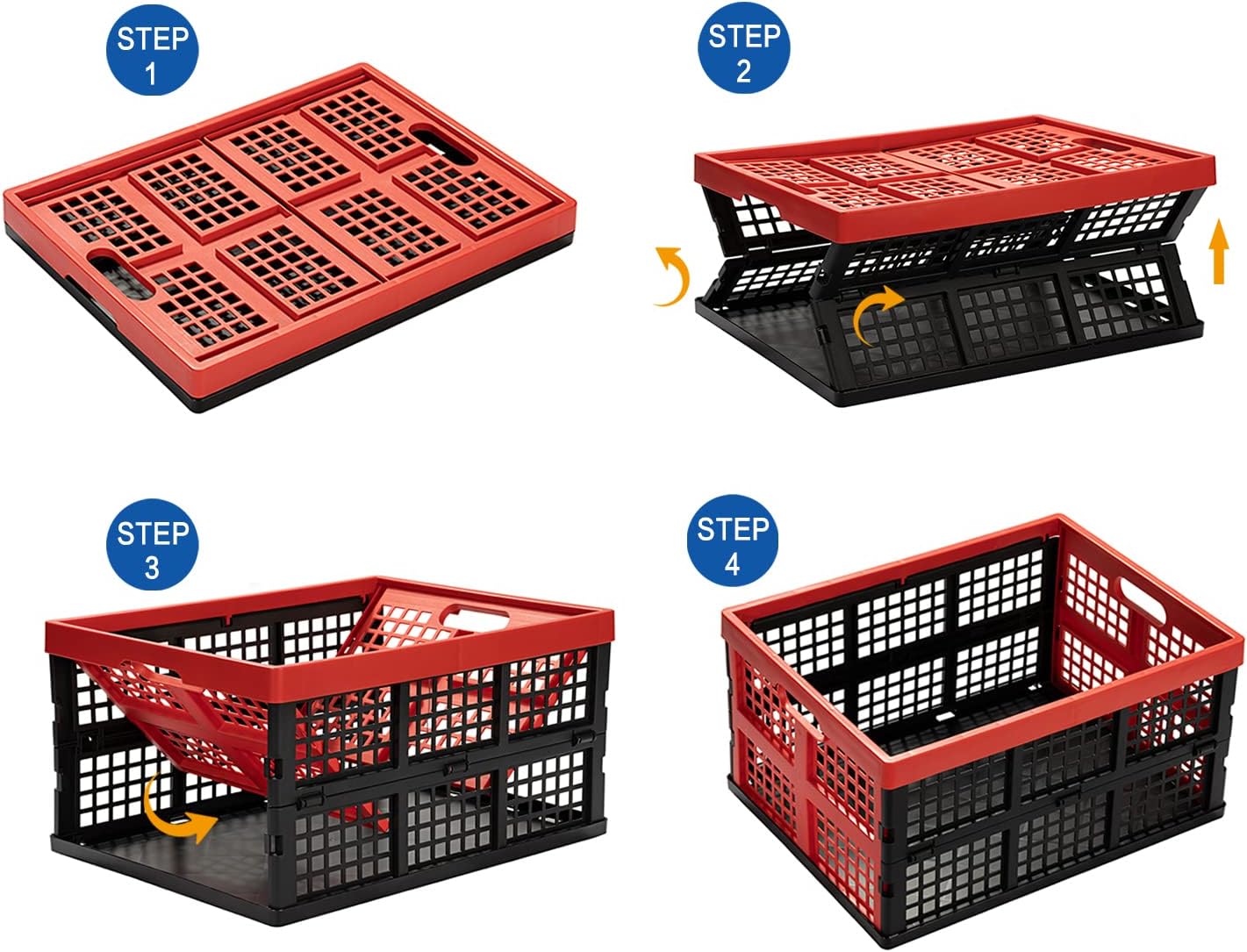 Eslite 34L Large Plastic Folding Storage Crates,Collapsible Crates for Storage,Pack of 3 (Black+Red)