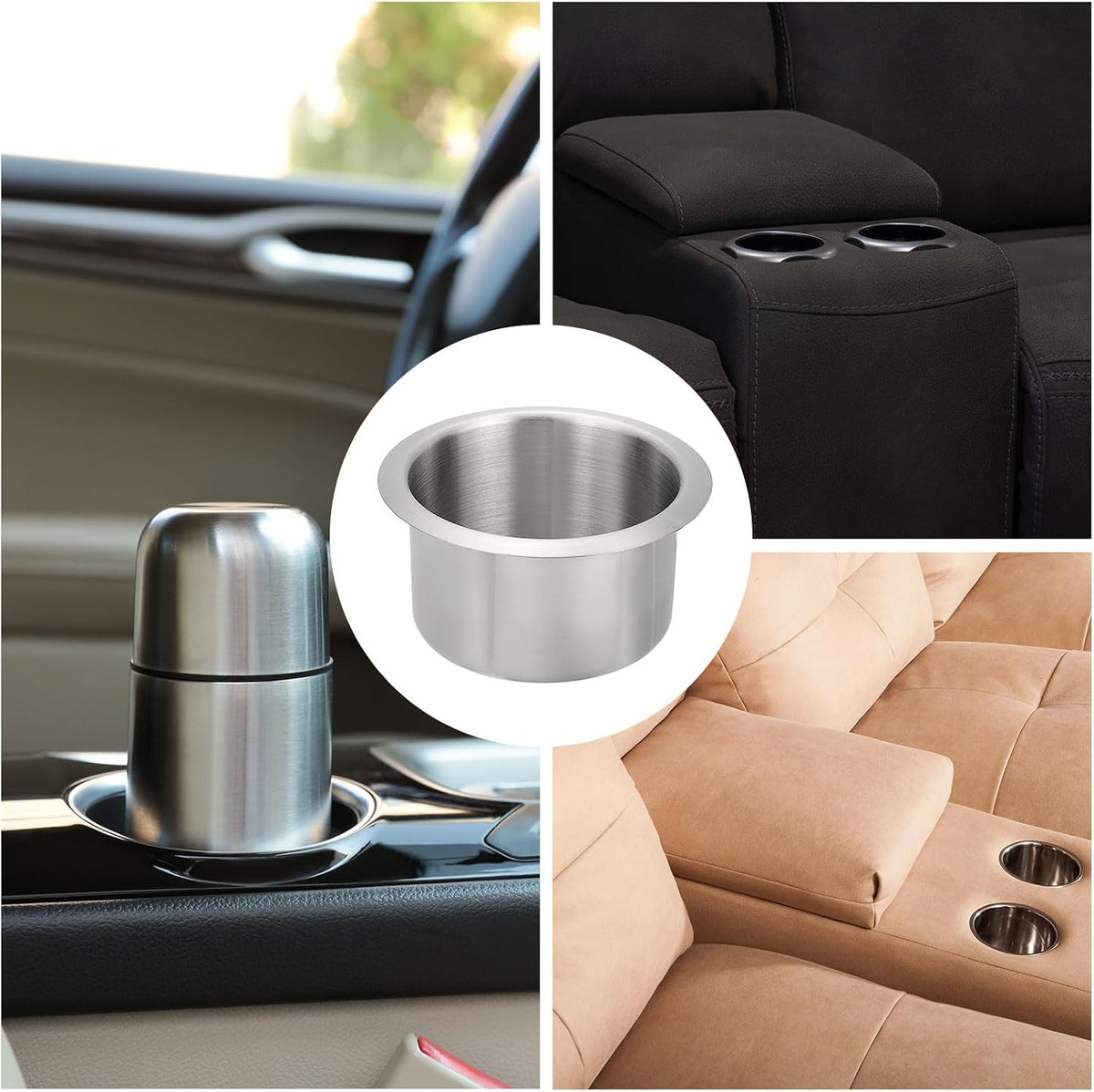 uxcell 2 Pcs 201 Stainless Steel Drop-in Cup, 2.44" x 4.6" Drink Can Holder Poker Table Cup Holder Insert for Sofa Boat Car Marine, Silver
