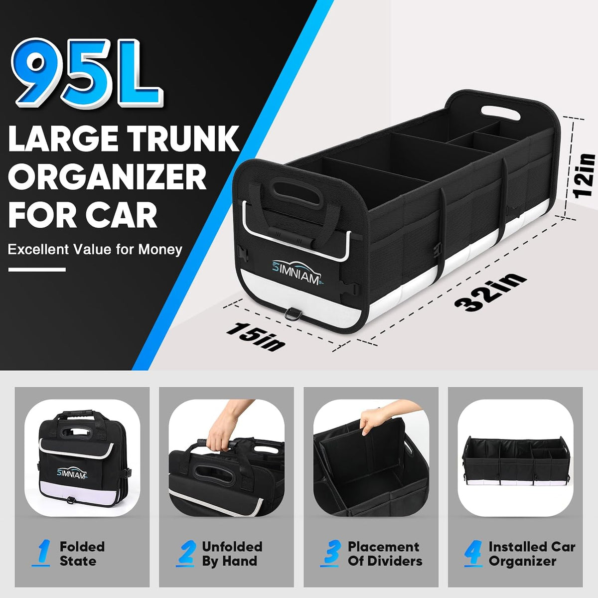 Simniam Large Car Trunk Organizer - with 5 Compartments Trunk Organizers and Storage SUV, Reinforced Handle, Securing Straps, Trunk Organizer Available for Car, SUV, Truck, Minivan