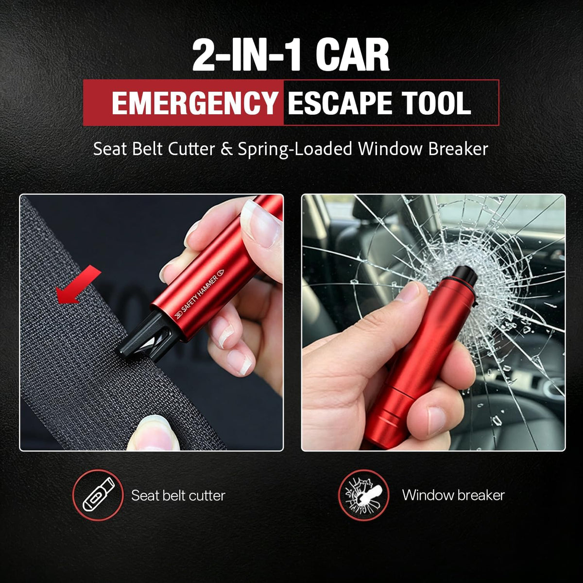 2 in 1 Emergency Escape Tool, Life Saving Car Window Breaker Under Water & Seatbelt Cutter - Car Window Hammer for Quick Accident Aid & Safety on The Go with Seat Belt Cutter, Red&Black