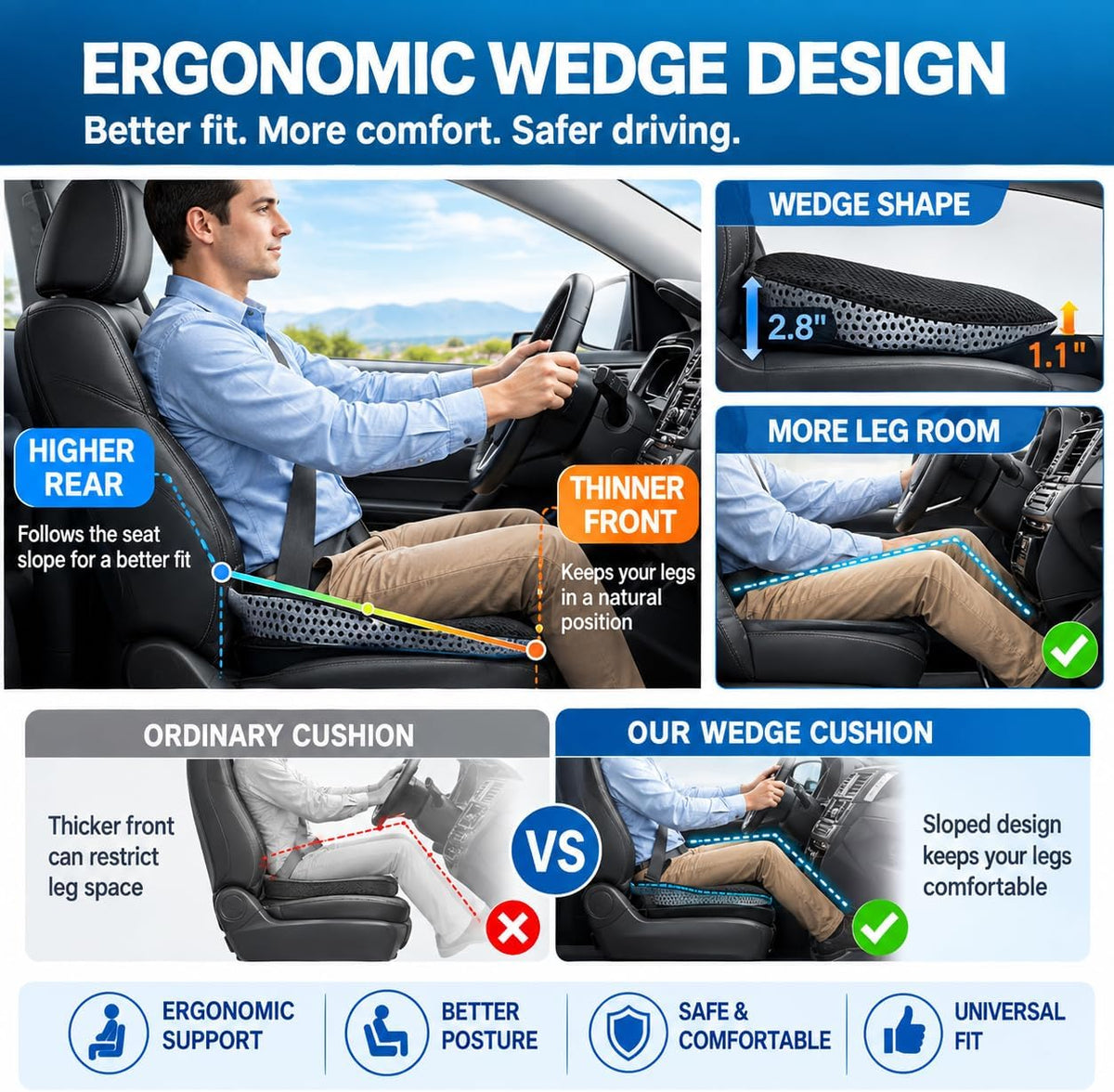 Hapiclody Car Seat Cushion for Driving,Premium Memory Foam Car Cushion for Better Visibility, Non-Slip Hip & Lower Back Tailbone Cushion, Car Seat Cushion Driver Booster for Short People, Truck(Black