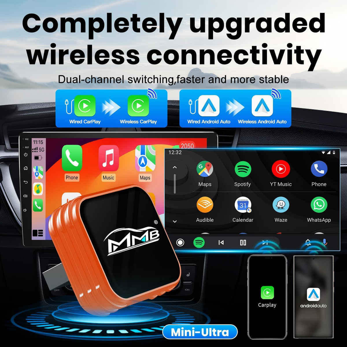 MMB Wireless CarPlay Adapter for iPhone＆Android Auto, Fast Auto-Connect, WiFi 6, Bluetooth 5.4, Convert Wired to Wireless, No Delay, USB-C/USB-A/Extension Cable, Compatible with iOS10+/Android 11+