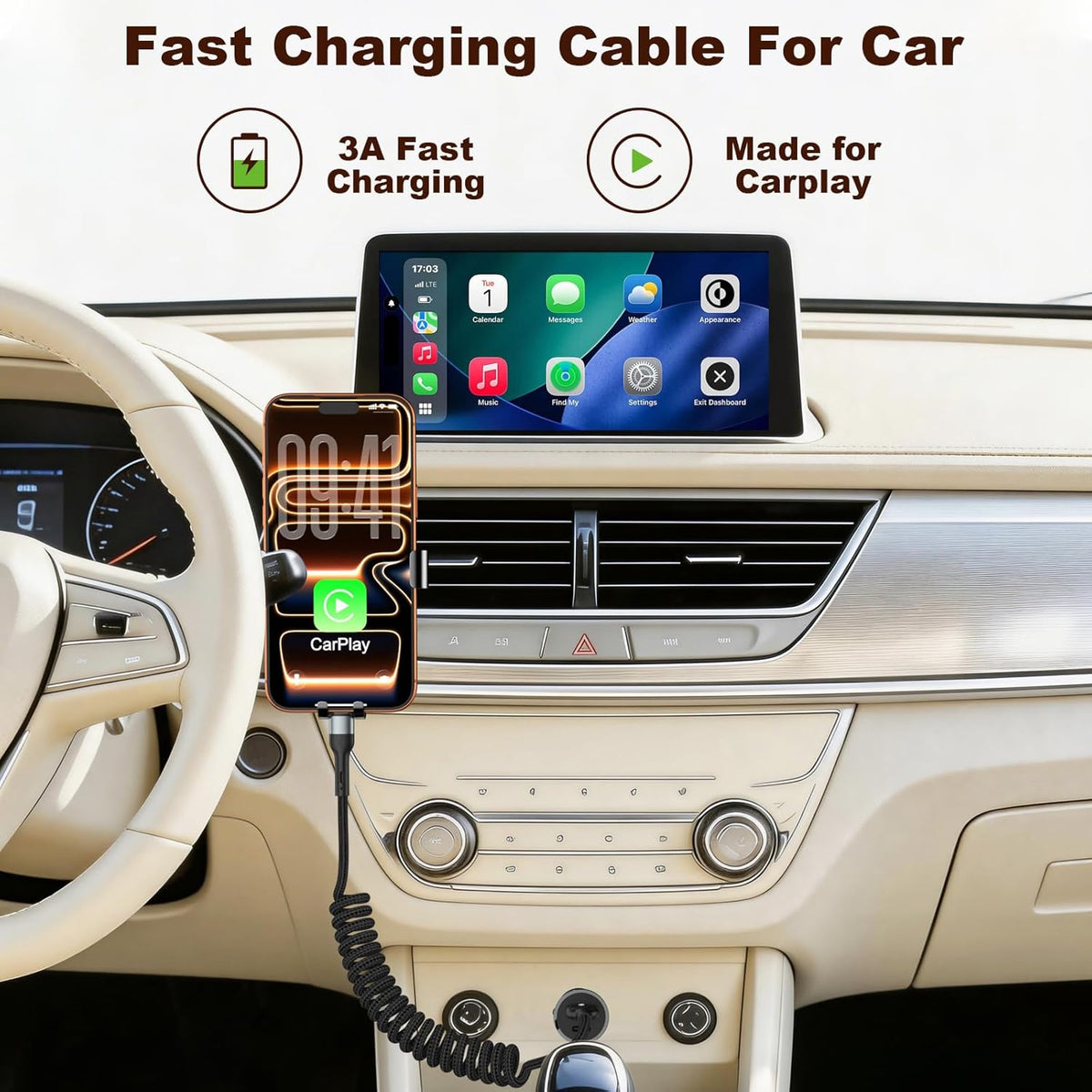 Coiled USB A to USB C Cable, iPhone Car Charger,Carplay Cord 2 Pack(3ft)