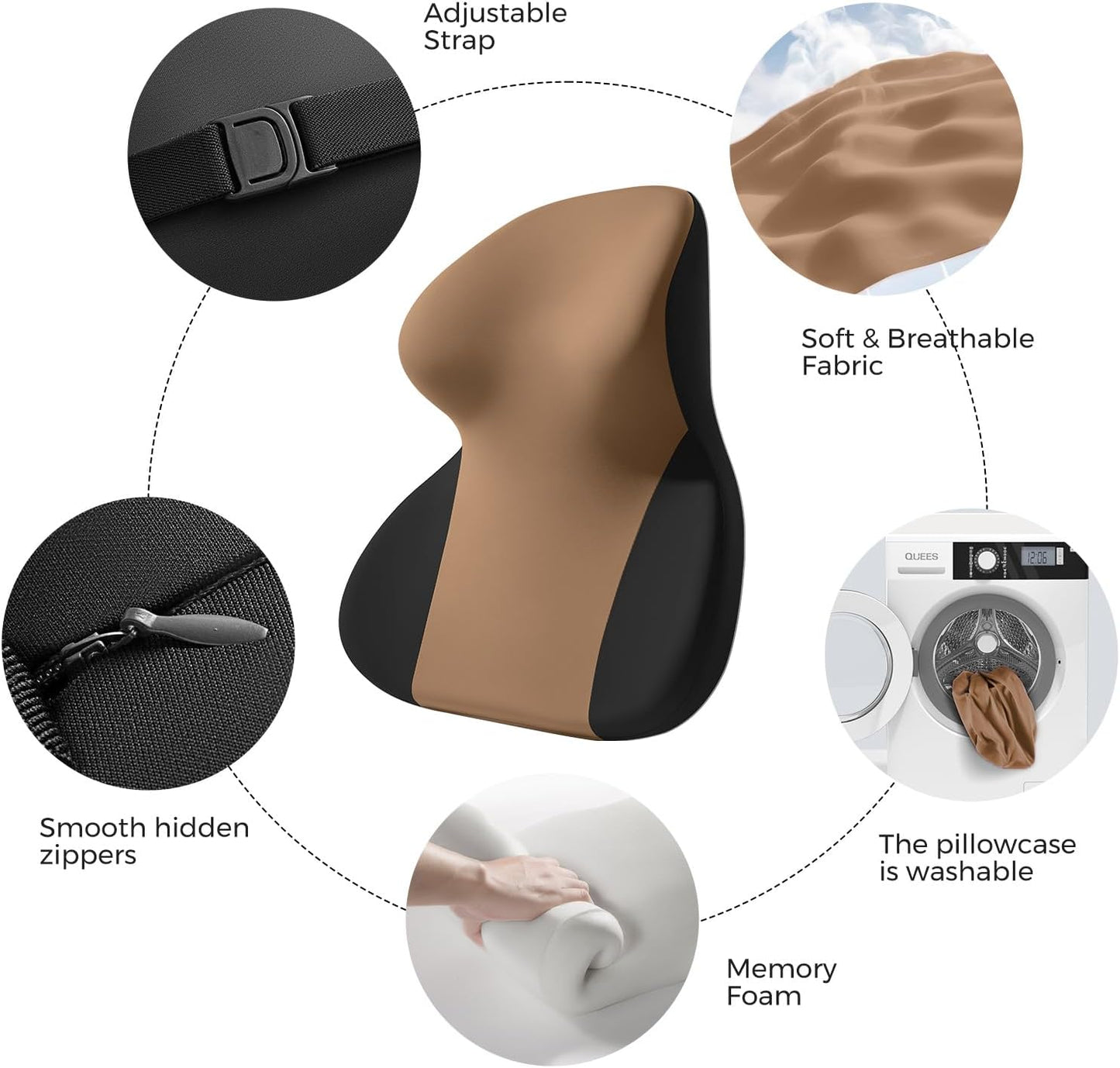 BEBAS Car Headrest Pillow, Ergonomic Neck Pillow with Memory Foam, Enlarged Surface for Head Neck Shoulder Support, Breathable Removeable Car Seat Pillow for Pain Relief(BlackCoffee, 1 Pack)