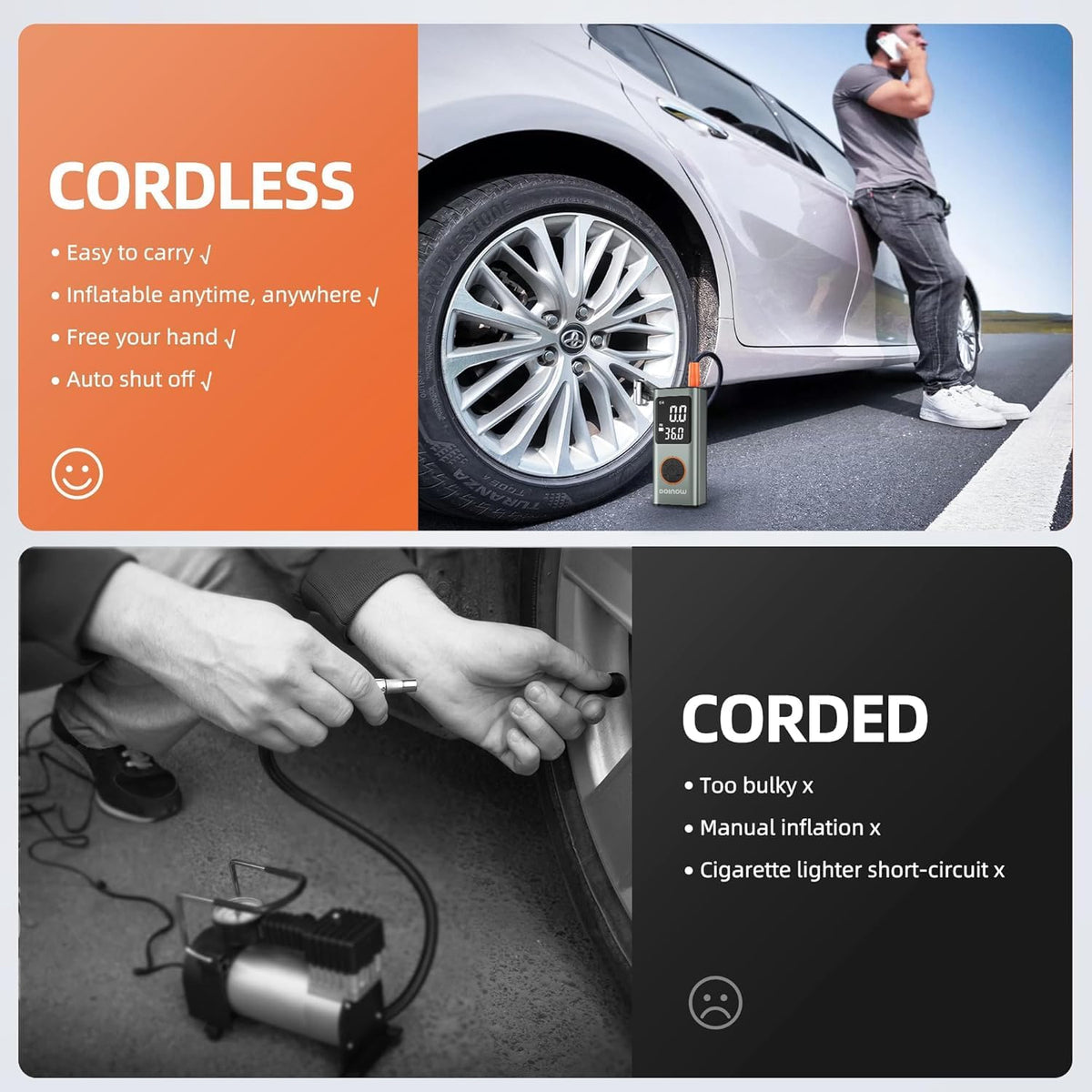 Tire Inflator Portable Air Compressor, 150 PSI Cordless Bike Pump, Air Pump for Auto, Motorcycle, Bicycle, Balls with Pressure Gauge, LED Light & Accessories, Cigarette Lighter Power Cord, Gray