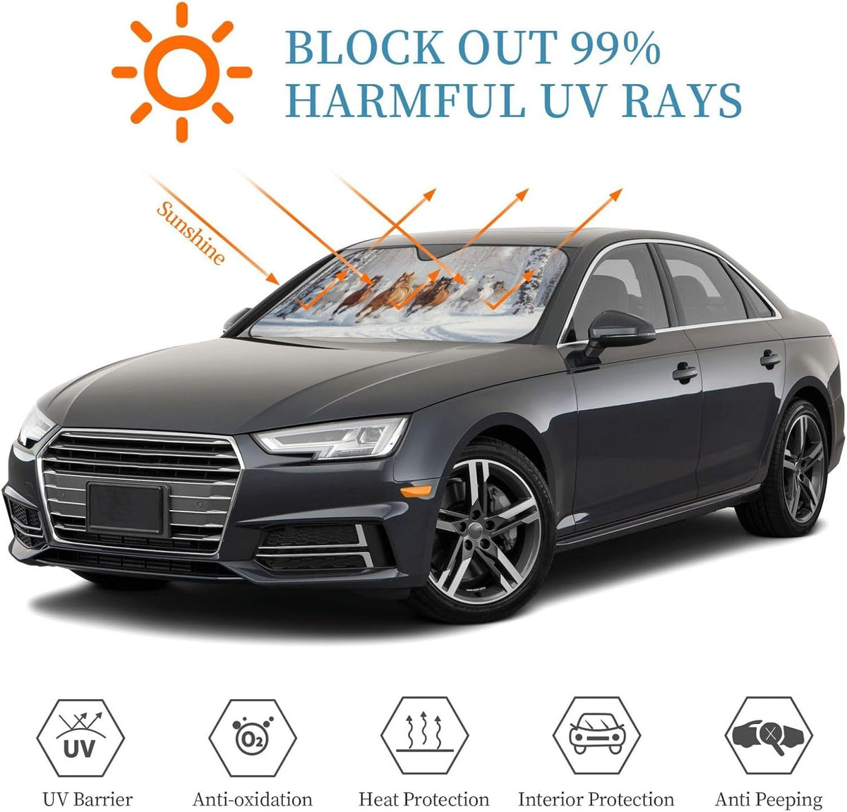 Windshield Sun Shade Horses Snow Winter Car Front Window Sunshade Cover for Truck SUV Blocks UV Rays Automotive Visor Interior Protector 55 x 30 inch