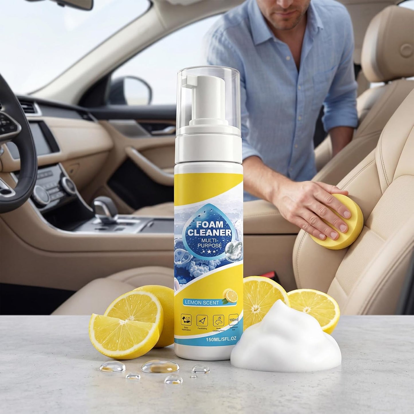 4-in-1 Multi-Enzyme Foam Cleaner, New Foam No-Rinse Cleaner, All Purpose Deep Cleaning Spray for Car Interior Kitchen Bathroom Sofa with Cleaning Sponge Towel(Regular, 2pcs)