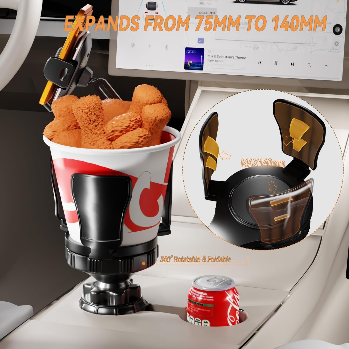 EXELIQ Cup Holder Expander with Phone Mount for Car, 2-in-1 Adjustable Cup Holder Fits Large Bottles, Tumblers & Fast Food Drinks, Universal Phone Mount 360° Rotating Arm for 4.7–7" Phones