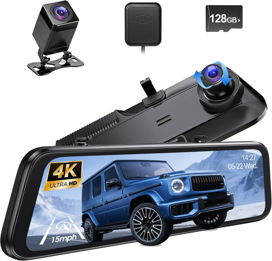 12" 4K Mirror Dash Cam Backup Camera with 128GB Card and GPS,5.8GHz WiFi