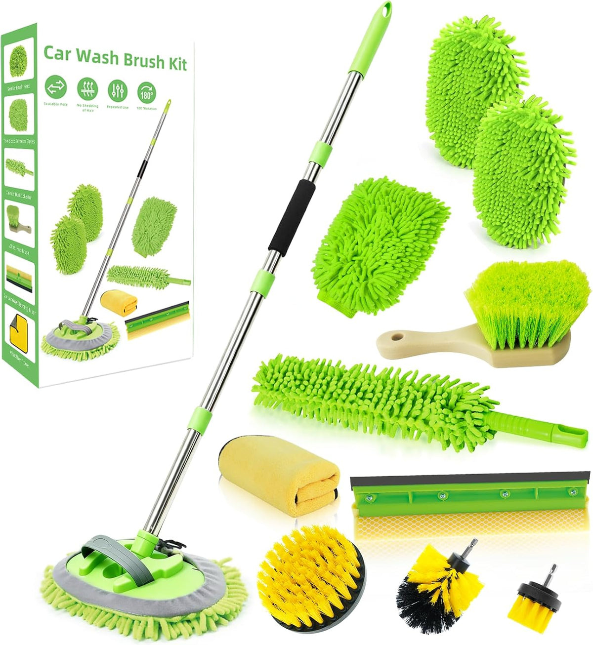 62" Car Wash Brush with Long Handle Chenille Microfiber Car Wash Mop Mitt, Wheel Brush, Windshield Window Squeegee, Car Duster Microfiber Towel, Gloves, for Cleaning Cars, RV, Truck, Boat