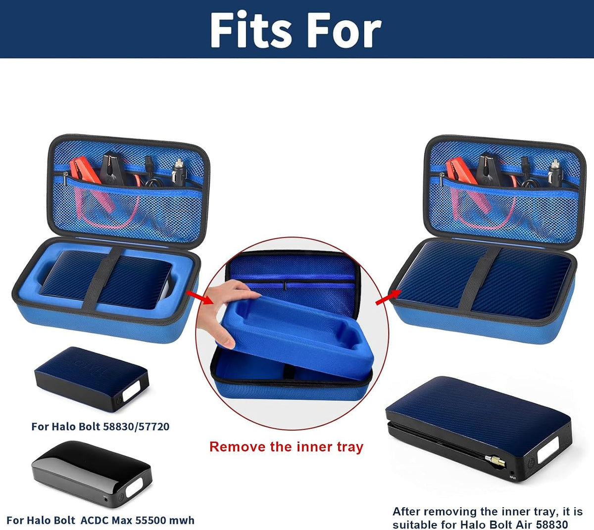 Case for Halo Bolt 58830/57720/ Air 58830/ ACDC Max 55500 mWh/Air + Portable Emergency Power Kit, Storage Holder for Air Nozzles, Extra Accessory, Car Jump Starter, and Charger- Blue (Box Only)