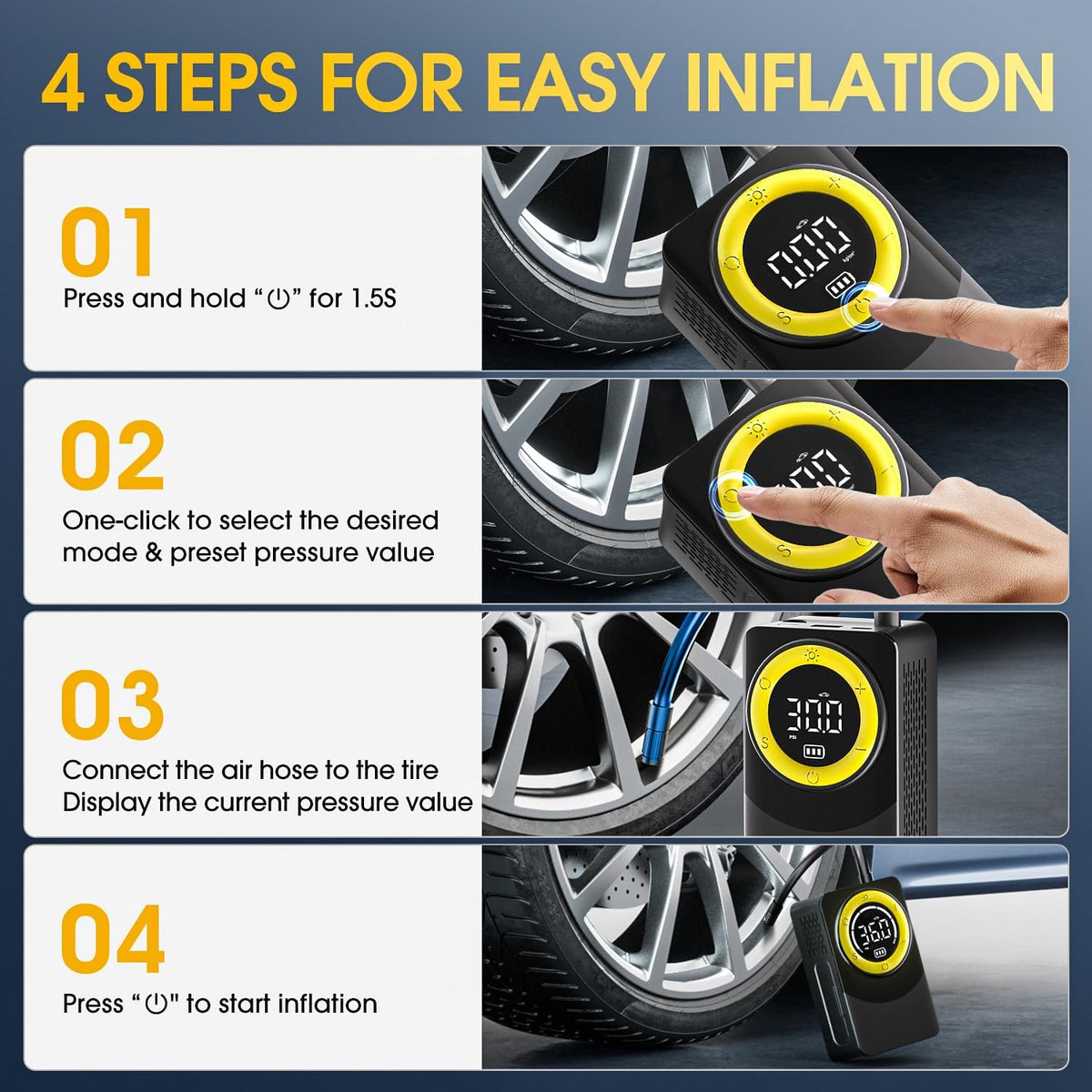 CARSUN Tire Inflator Portable Air Compressor, 150PSI Air Pump For Car Tires with Digital Pressure Gauge, LED Light and Auto Shut-Off Function Cordless Pump for Car, Motorcycle, Bicycle, Balls
