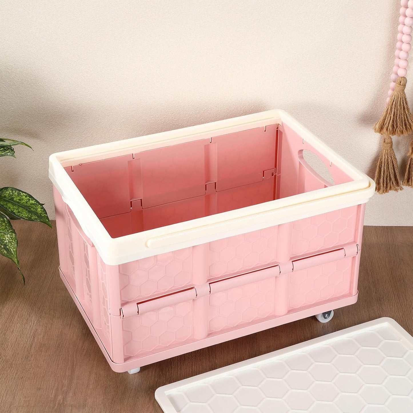 Collapsible Storage Bins with Lids And Wheels, Stackable Folding Storage Boxes for Clothes Toys Books, Home Garage Car Organizer Pink