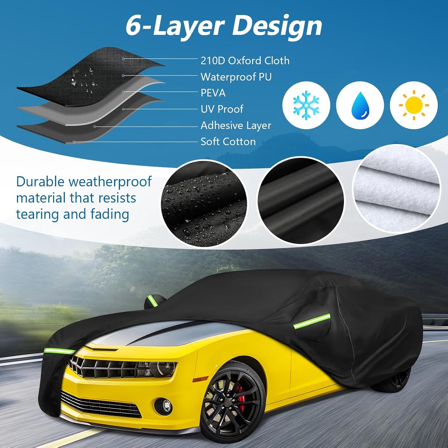 Car Cover for 2010-2025 Chevrolet Camaro SS ZL1 RS LT 1LE Coupe Convertible | Waterproof 210D Oxford Heavy Duty All Weather Outdoor Full Car Cover with Zipper Cotton Lining