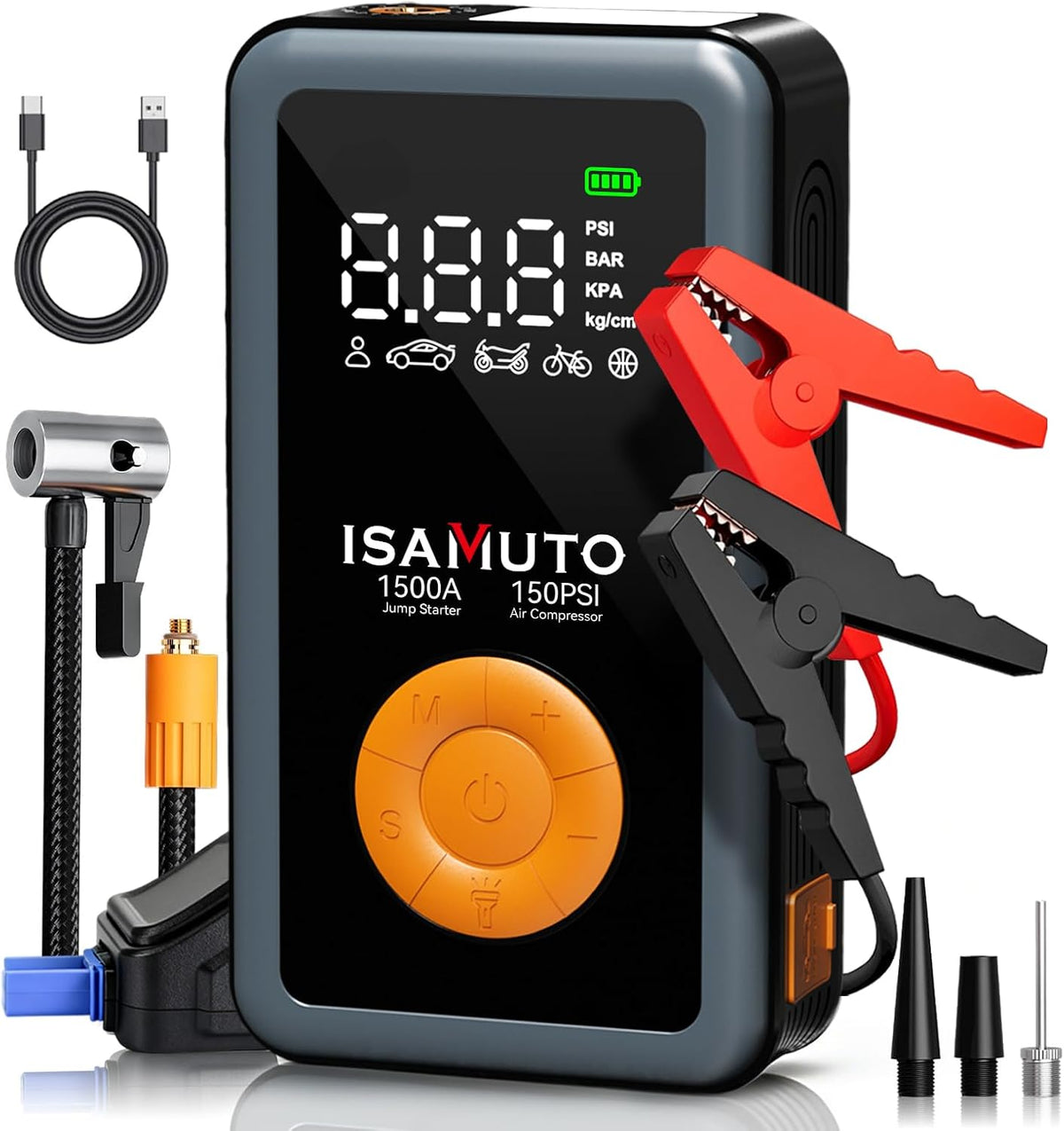 Jump Starter with Air Compressor, Real 1500A 150PSI Portable Car Battery Jump Starter (8L Gas 6L Diesel Engine) with 12000mAh 12V Jump Box Car Battery with Jumper Cables,Emergency LED Light