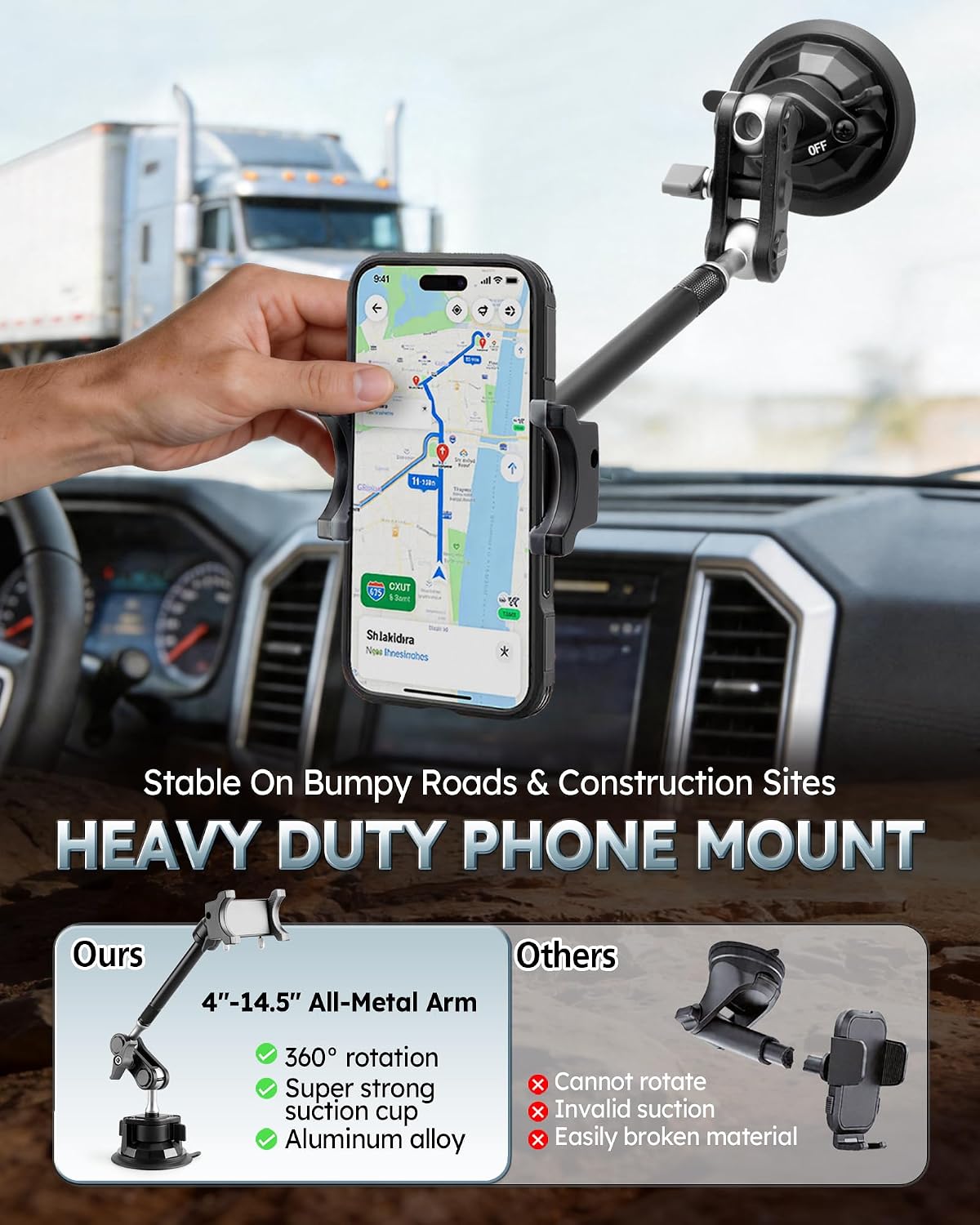 Semi Truck Phone Mount for Drivers, 360° Anti-Shake with Extension Rod