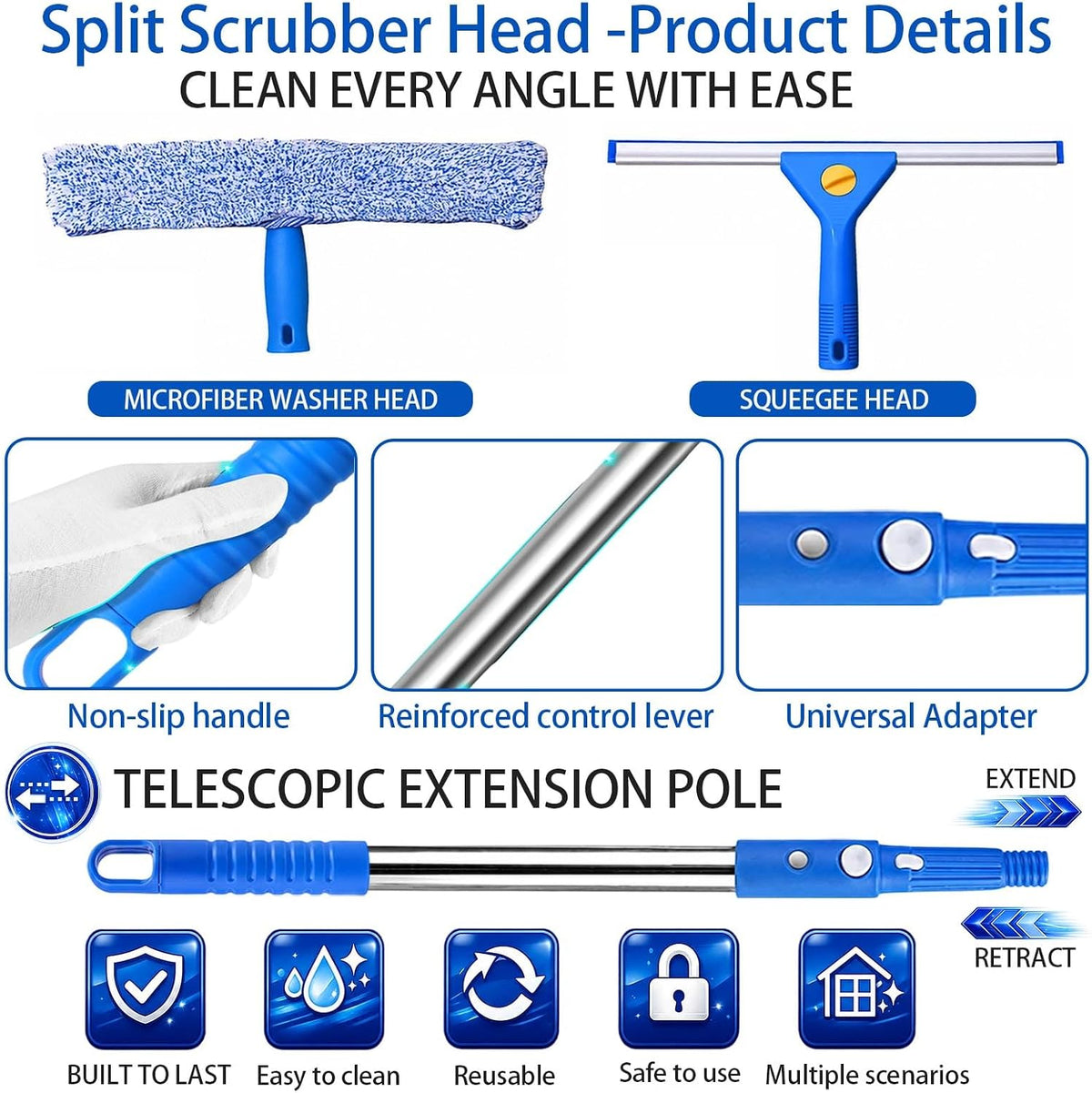 Professional Window Cleaning Kit, 76" Long Handle Window Long Handle Window Squeegee and Microfiber Scrubber, Suitable for Professional Window Cleaning in Cars, Outdoors, Homes and Businesses