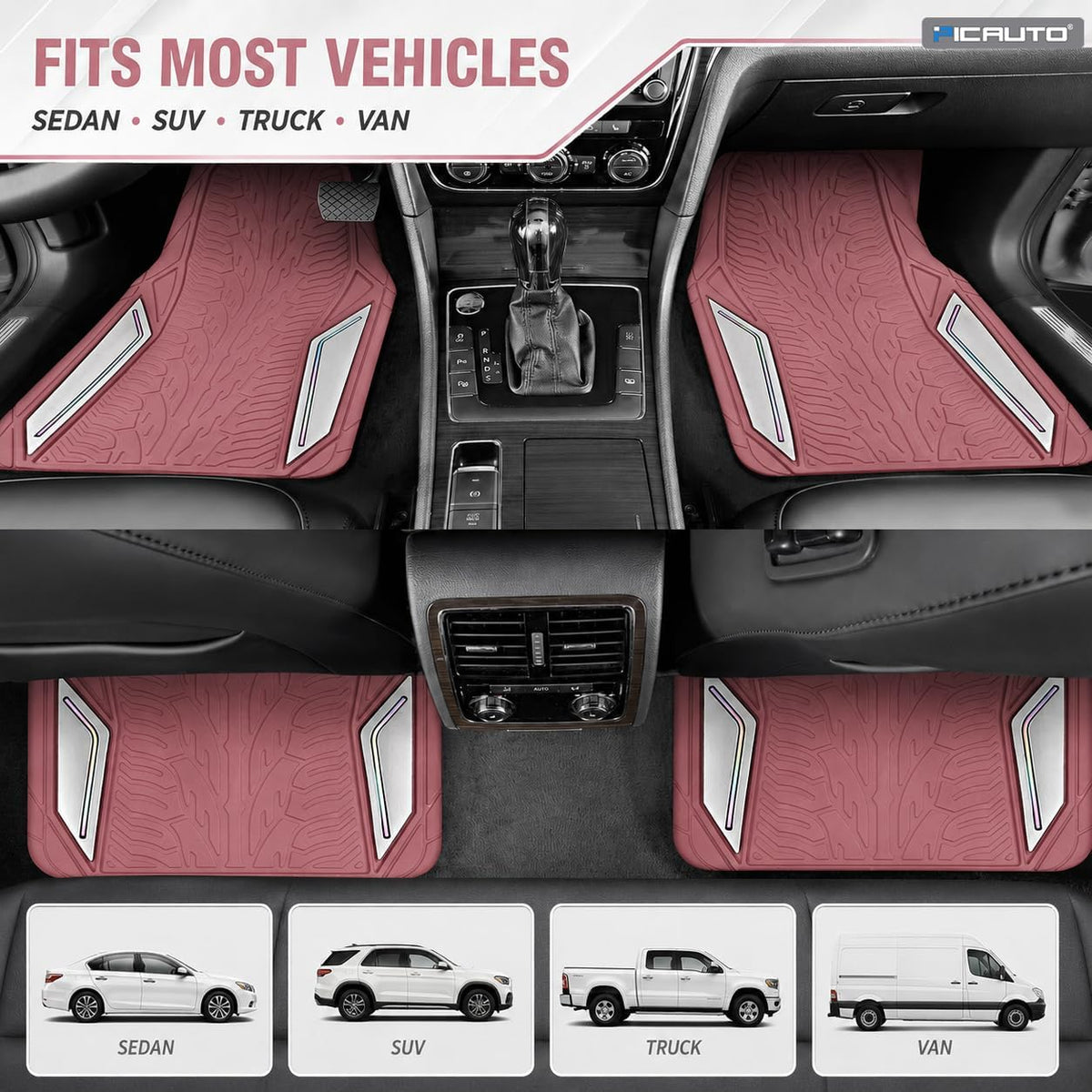 PIC AUTO Pink Rubber Floor Mats, Silver Aluminum Film with Colorful Piping Floor Mats for Cars, Car Mats with Non-Slip Backing, All-Weather, Trim-to-Fit Liner for Cars, SUVs, Trucks, Vehicles