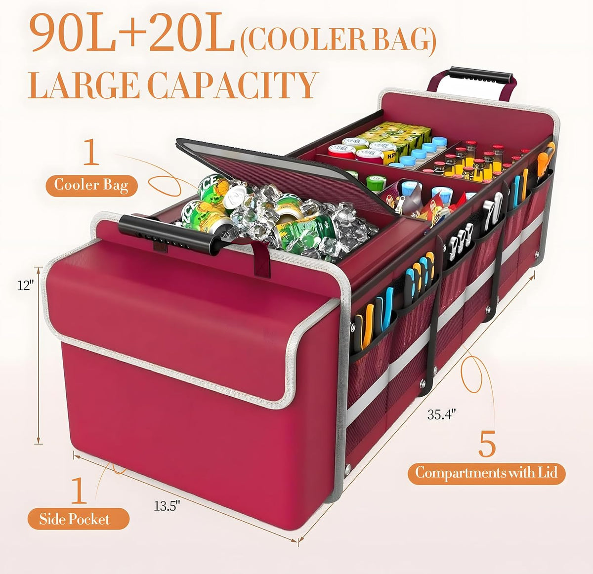 Large Trunk Organizer for SUV with Premium Portable Cooler Bag, Car Organizers and Storage with Foldable Cover, Collapsible Car Trunk Bed Organizer for Truck, 2 Retractable Straps, 90L+20L, Wine Red-C