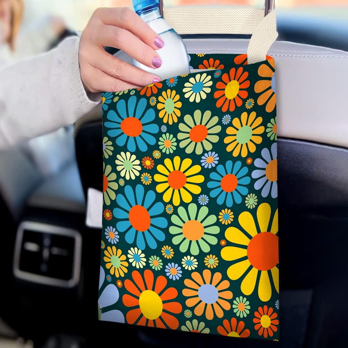 Car Trash Bag Hanging No Snap Small Garbage Bag for Car Back Seat Cute Printed One-handed Strap Trash Bags Car Accessories-Hippie Flower Car Trash Bags