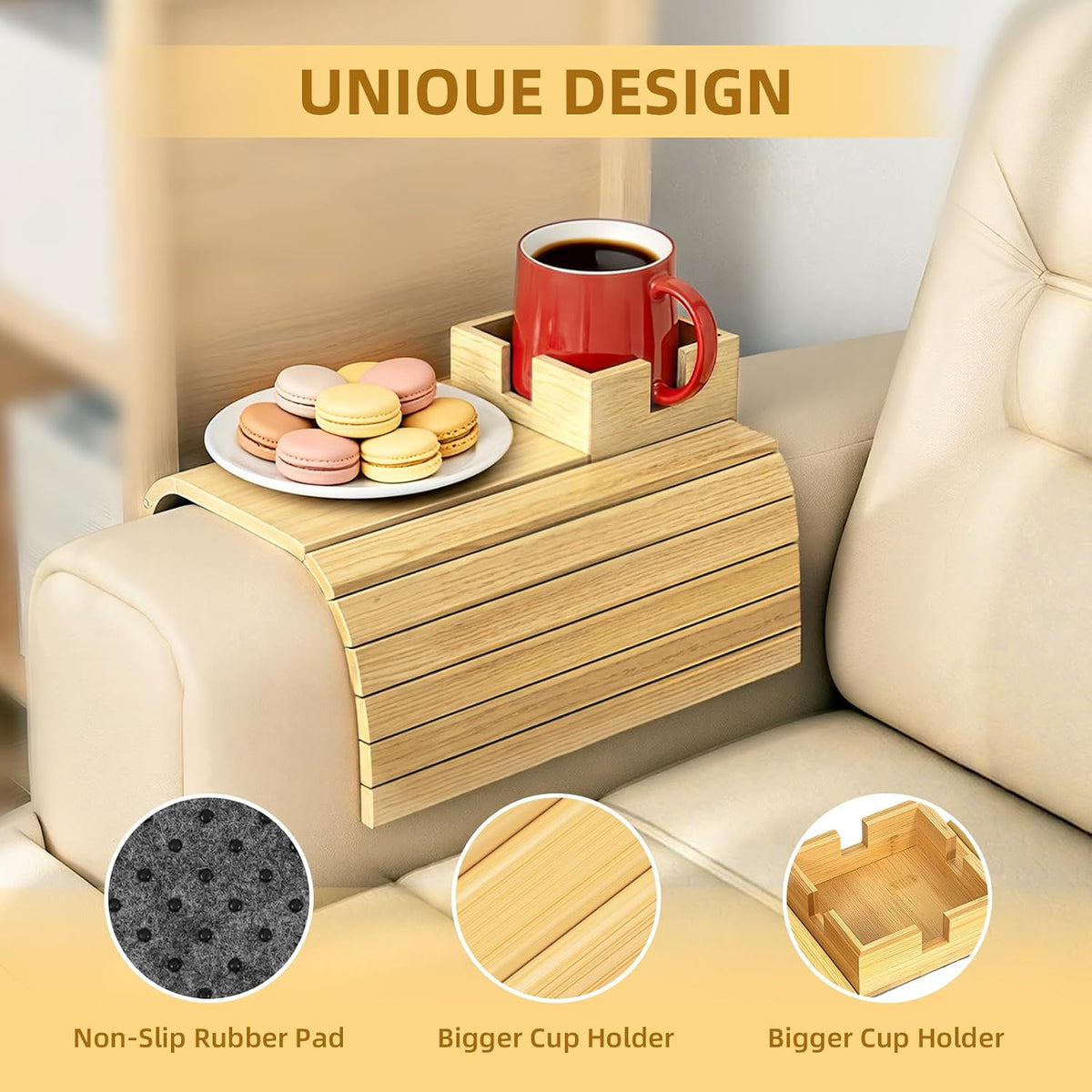 Bamboo Couch Cup Holder & Armrest Tray - Extend Your Comfort with a Secure Drink Slot and Snack Space for Recliner, Loveseat, or Sofa (Extra Large)