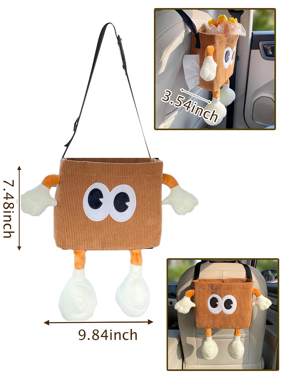 Car Cute 2 in 1 Trash Can with Tissue Holder Box Seat Back Bag Hanging over the Seat Organizer Plush Cartoon Animal Storage Garbage,Brown