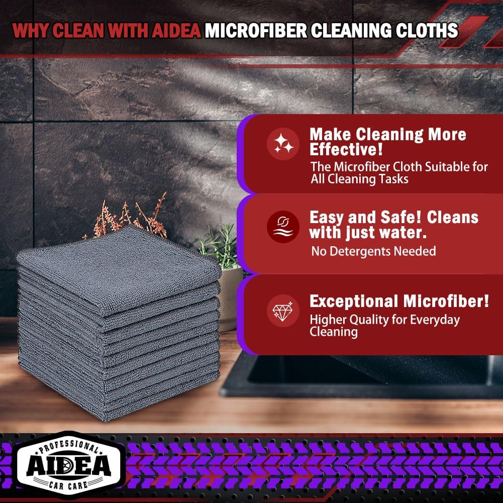 AIDEA Microfiber Cleaning Cloth Grey 50PK, Microfiber Towels, 12×12"