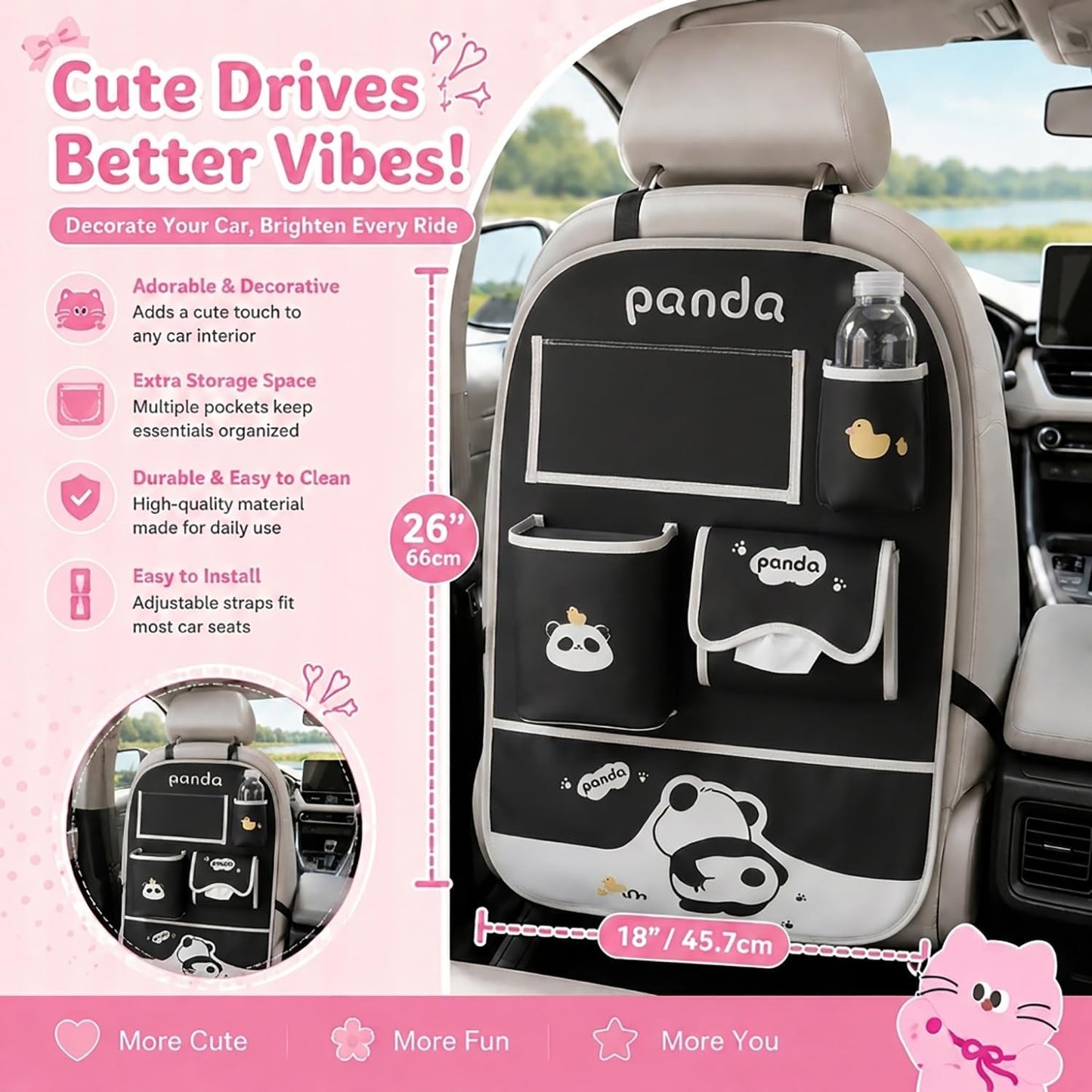 YUNZLAN Cute Panda Leather Car Backseat Organizer 1 Pack Car Seat Back Protectors with Clear 10" Tablet Holder + 4 Storage Pockets
